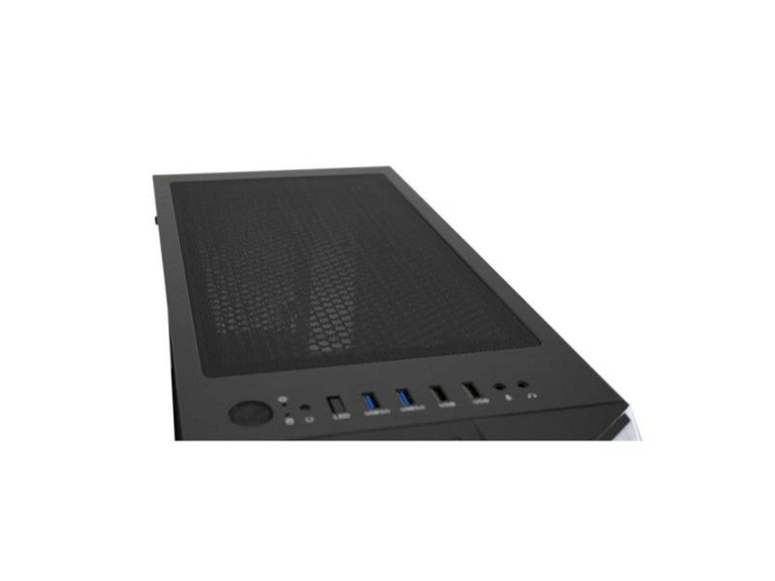 Nahaufnahme eines schwarzen Computergehäuses mit Lüftungsgitter oben und Anschlüssen.