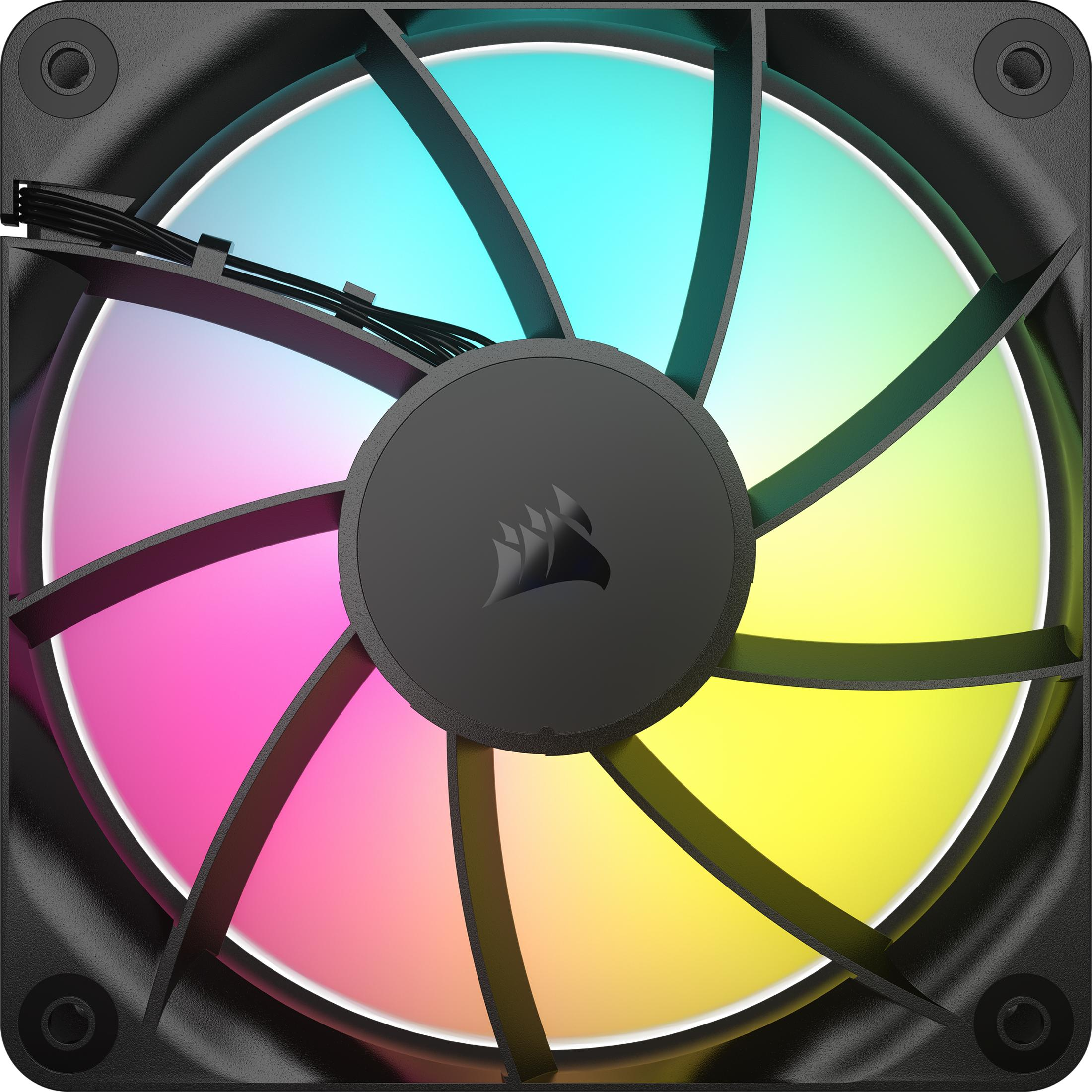 Ventilateur PC noir avec éclairage RVB aux teintes rose, bleue et jaune.