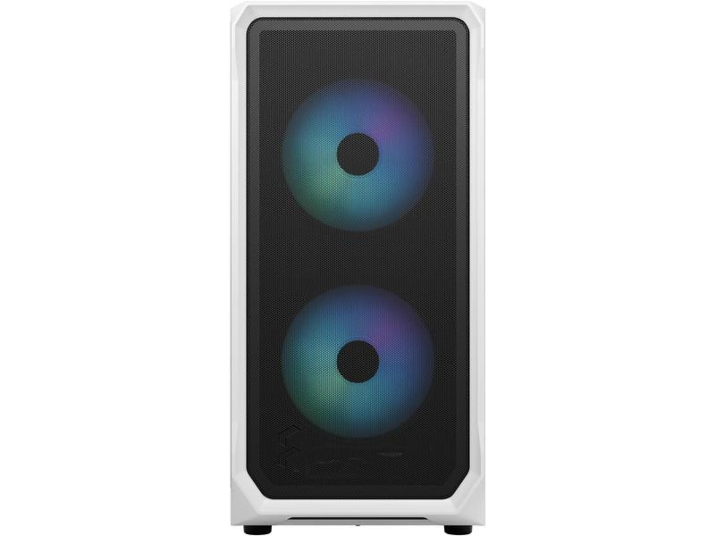 Un case per computer bianco con due ventole illuminate.