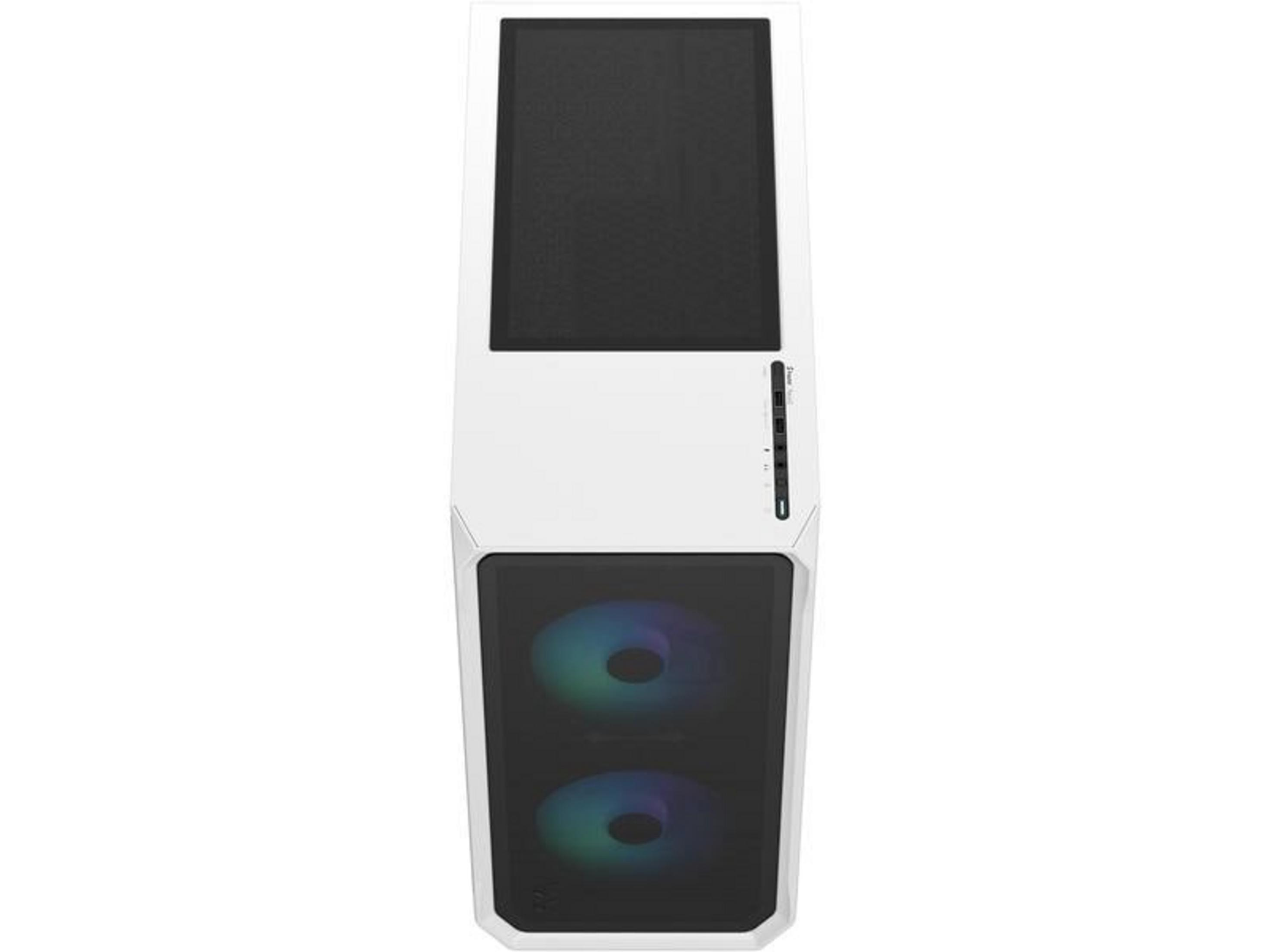 Un case per computer bianco con due ventole illuminate sul davanti.