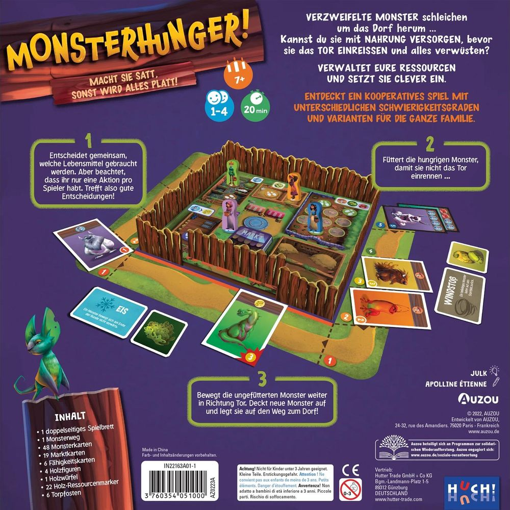 Brettspiel "Monsterhunger!" mit Holzfiguren und Karten im Gehege.