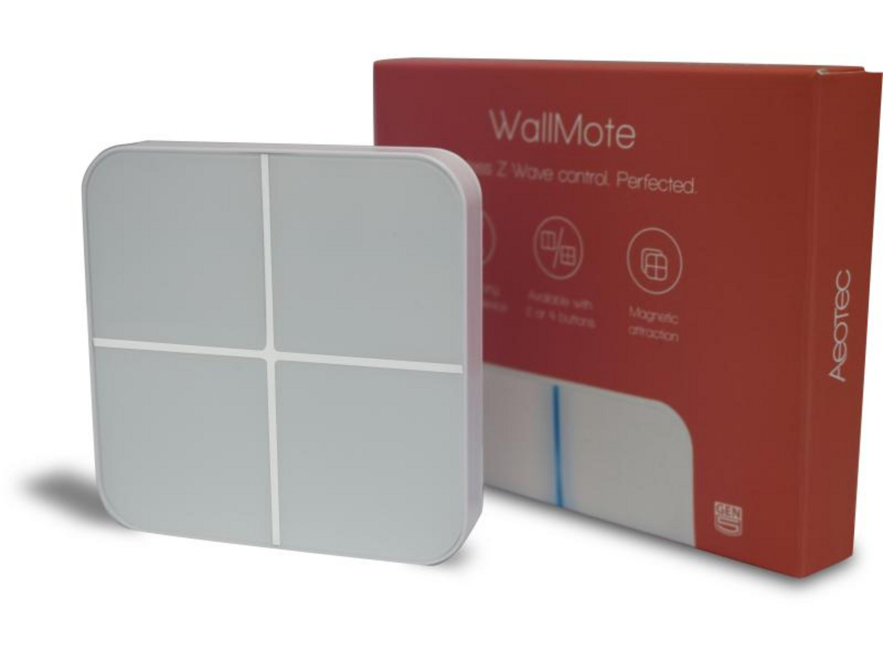 Ein grauer quadratischer Smart-Home-Controller neben einer roten Produktverpackung.