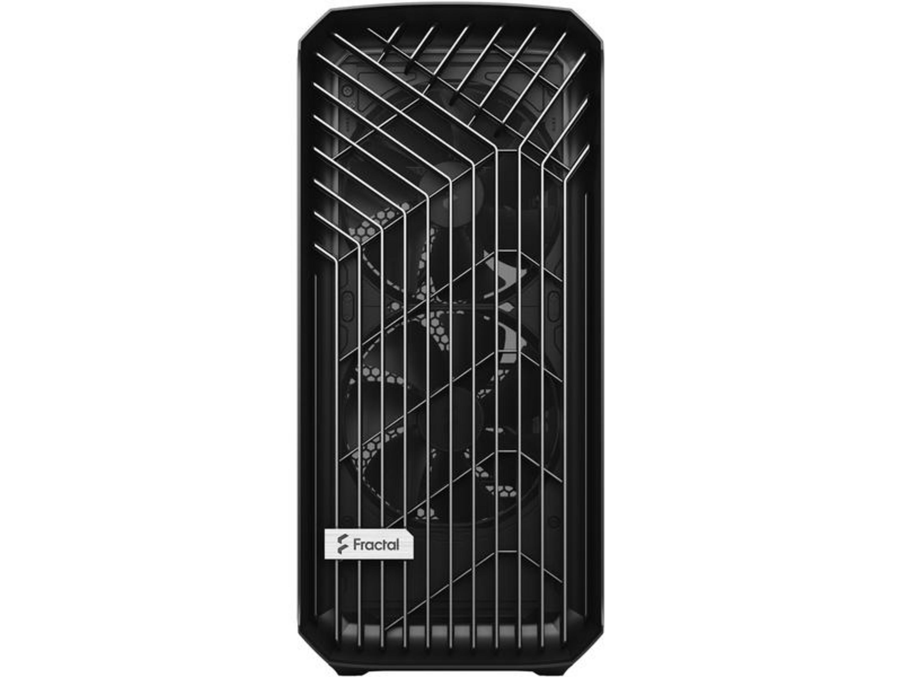 Schwarzer PC-Gehäuse mit silbernem Gitter-Design und Fractal-Logo.