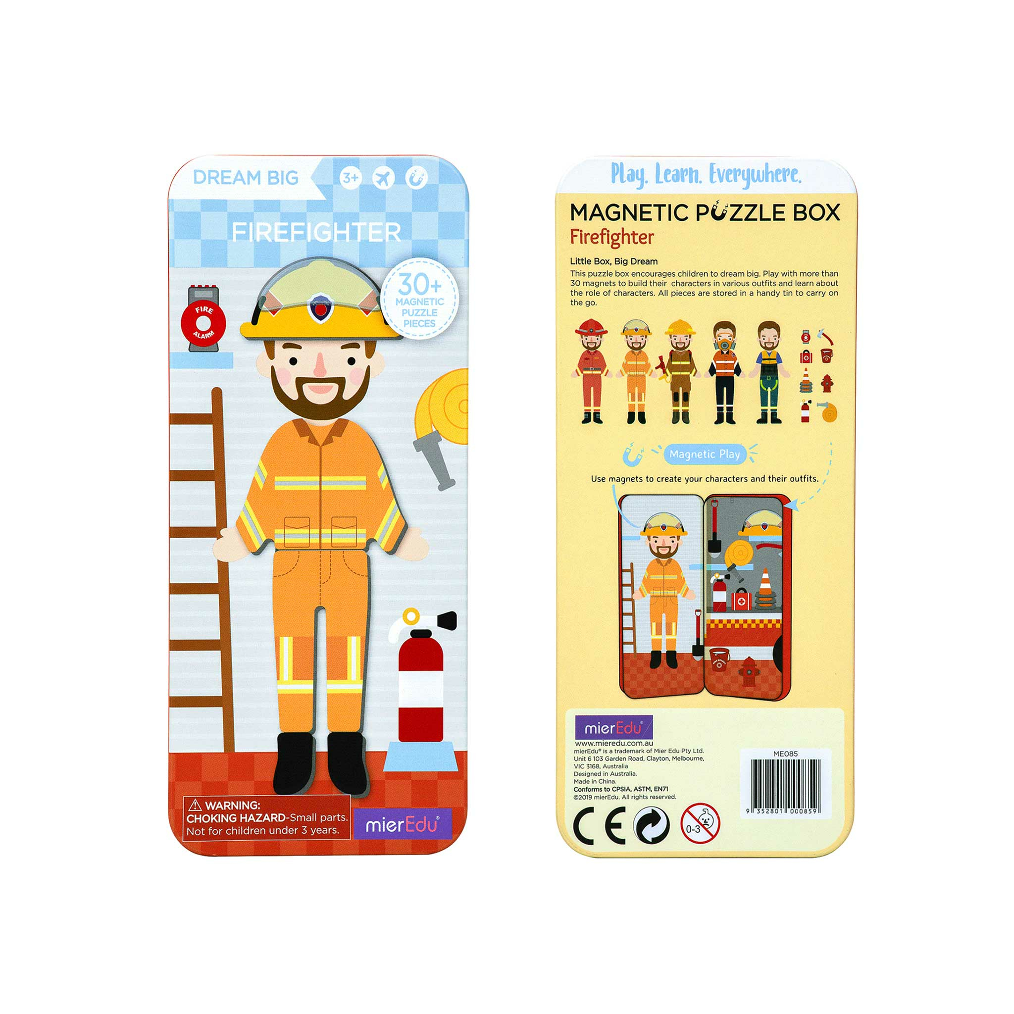 Magnetisches Feuerwehrmann-Puzzle: Figur mit Helm, Uniform, Feuerlöscher und Leiter.