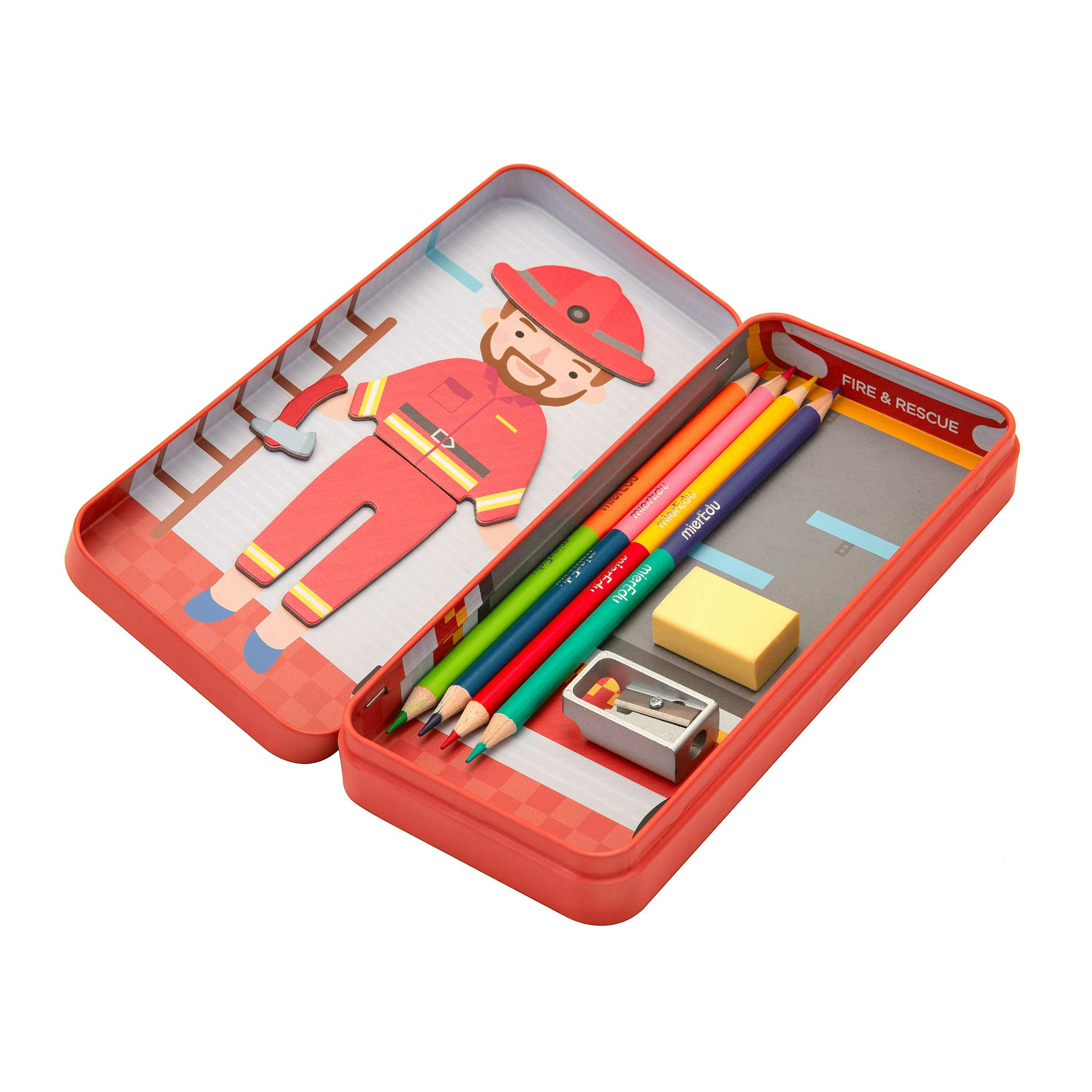 Roter Feuerwehrmann-Bleistiftetui mit Buntstiften, Radiergummi und Spitzer.