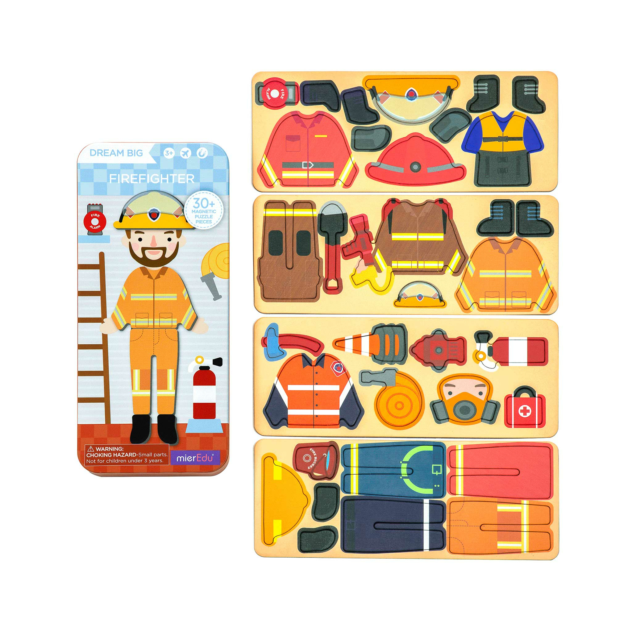Feuerwehr-Puzzle mit Kleidung und Ausrüstung: Jacken, Hosen, Helme, Stiefel, Feuerlöscher.