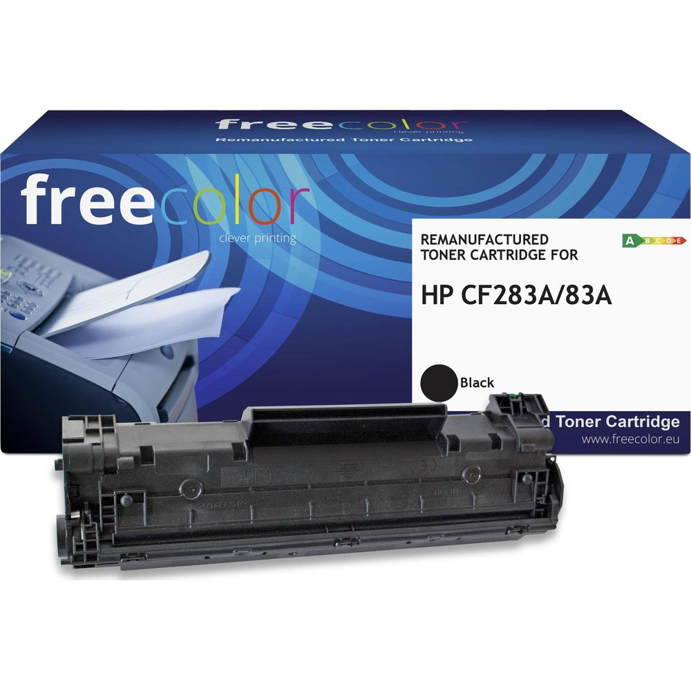 Una cartuccia toner nera per HP CF283A/83A è mostrata su una scatola blu con logo freecolor.