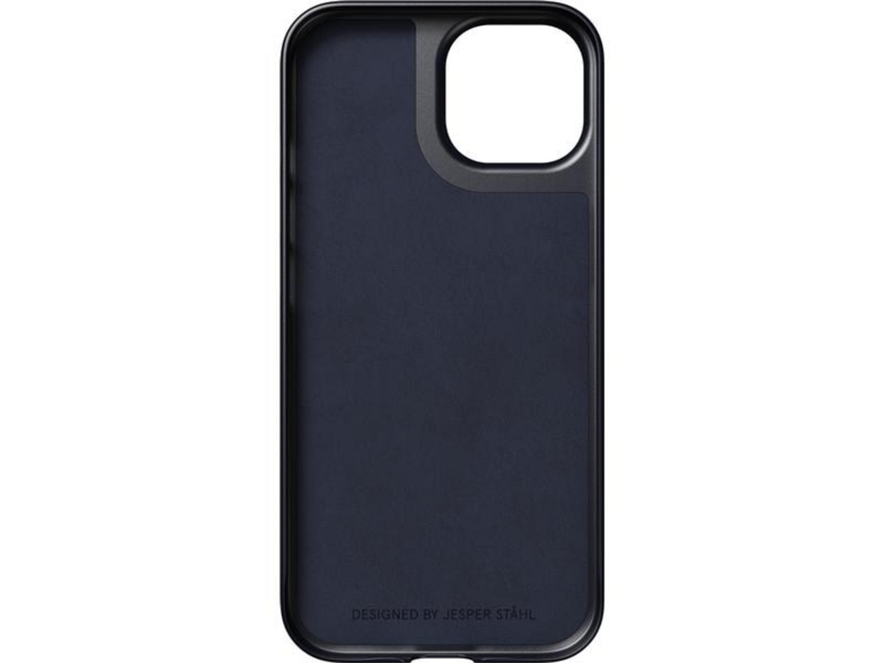 Coque de téléphone bleu foncé avec découpe caméra et texte.