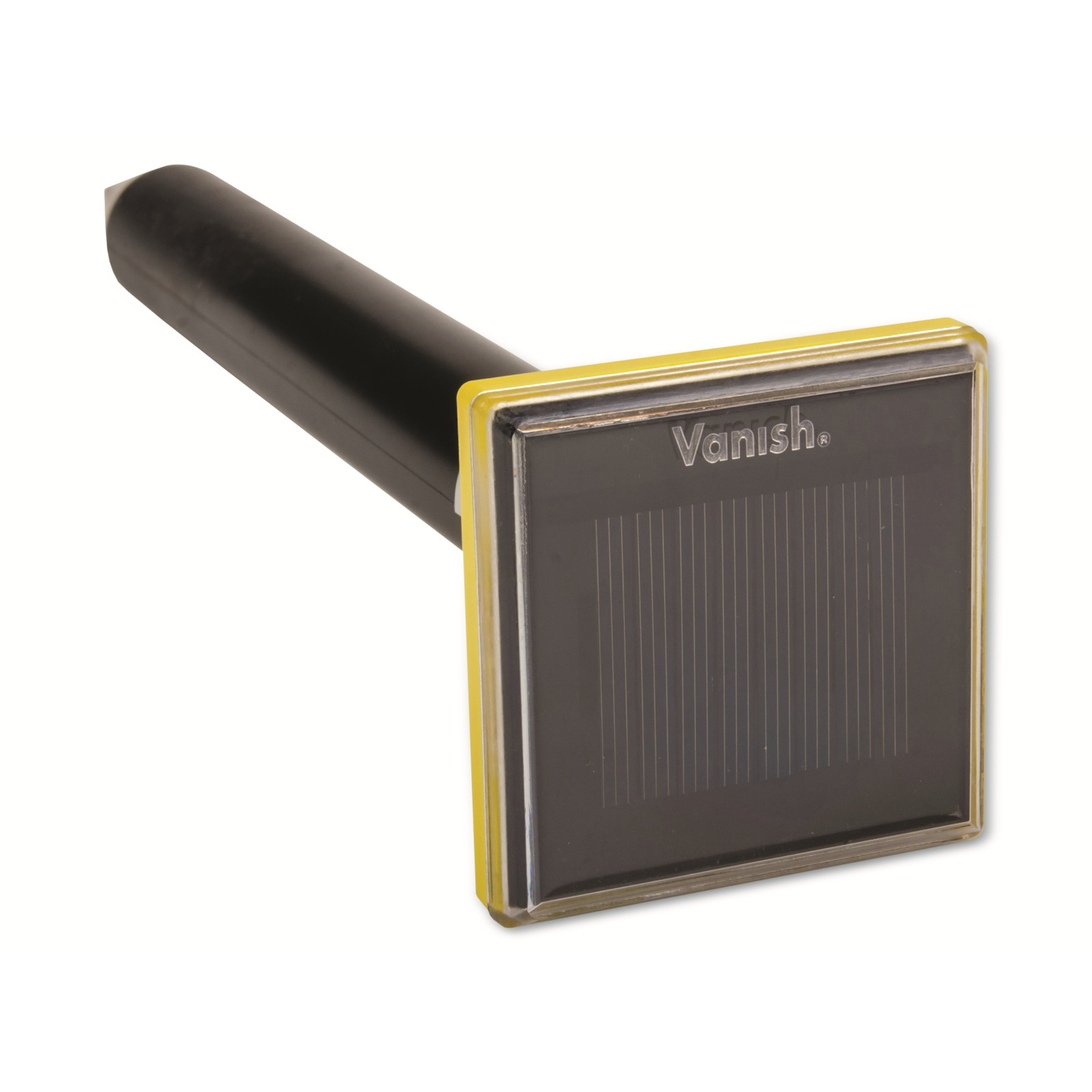 Ein schwarzes, rechteckiges Solarpanel mit gelbem Rahmen und dem Markennamen "Vanish".