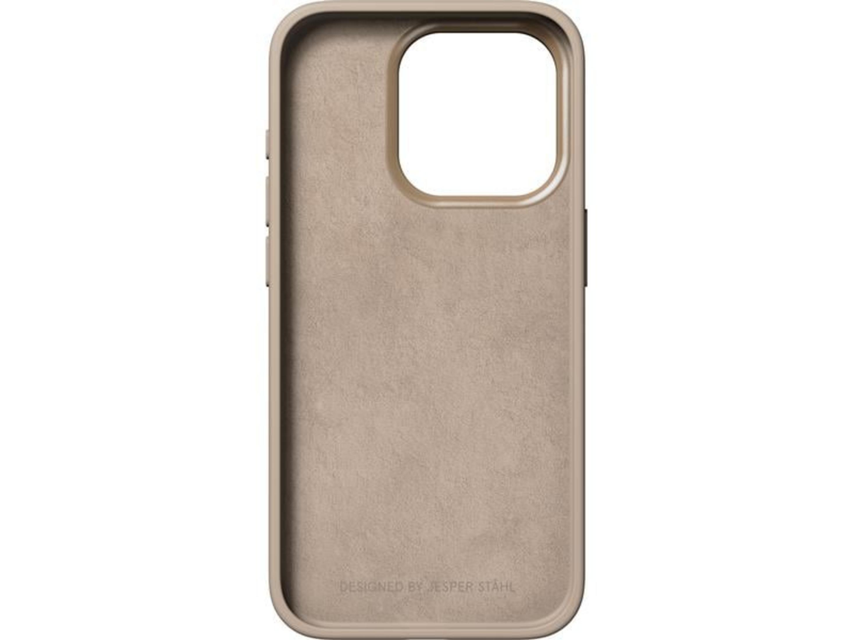 Une coque de téléphone beige avec découpe pour appareil photo.