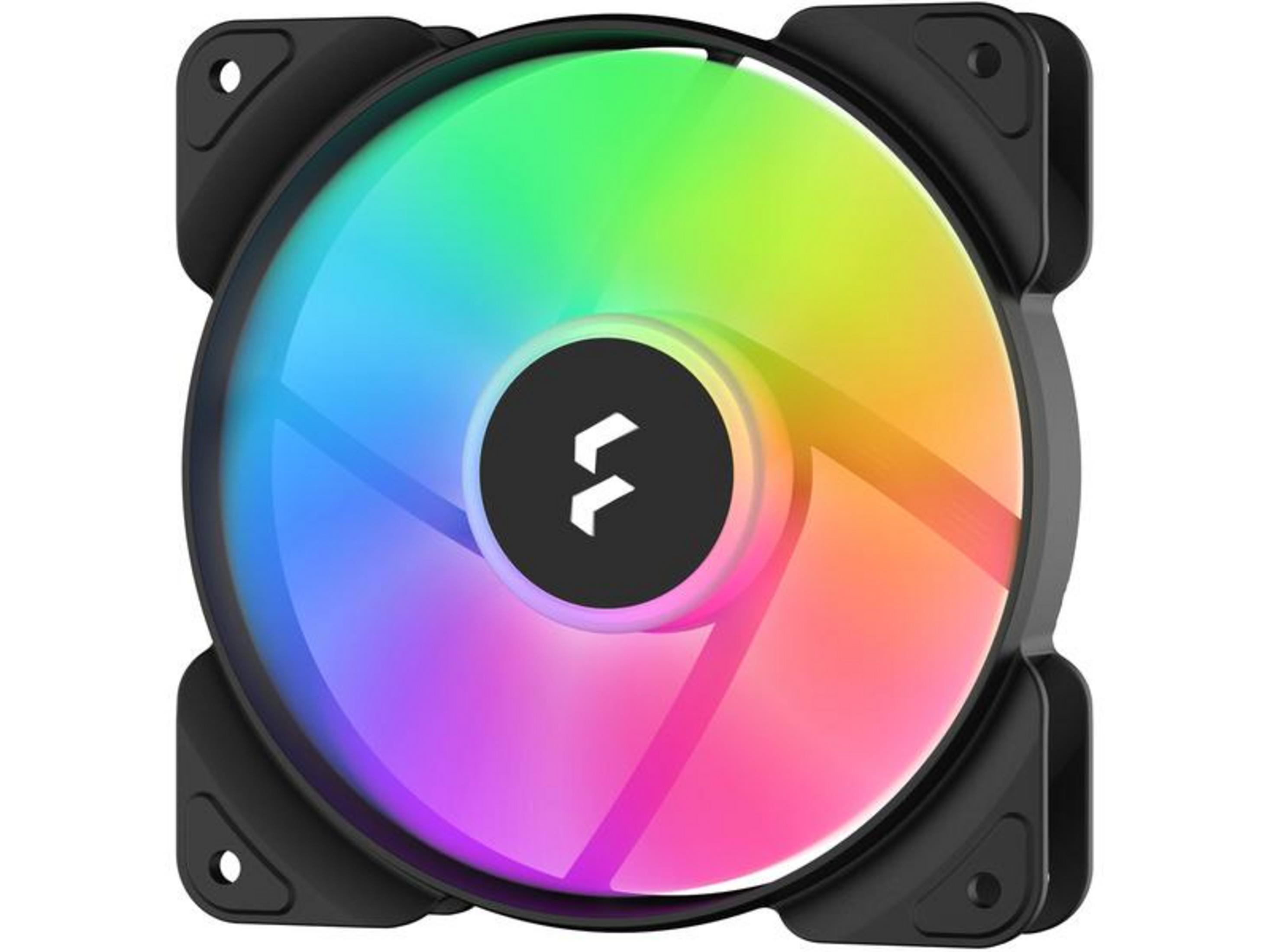 Schwarzer Lüfter mit bunten RGB-LEDs und einem zentralen Logo.