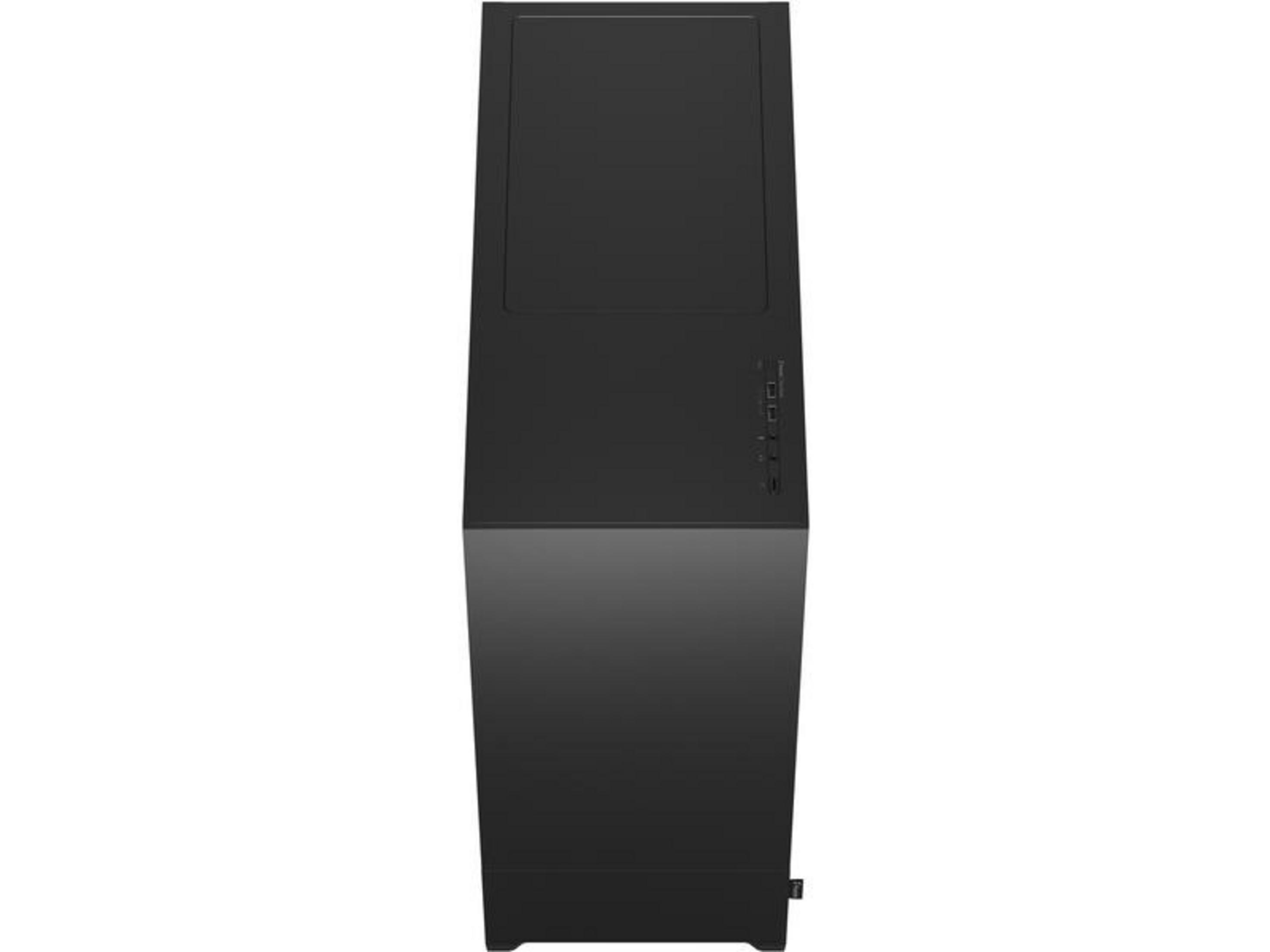 Black computer tower with ports and a power button on the side.
