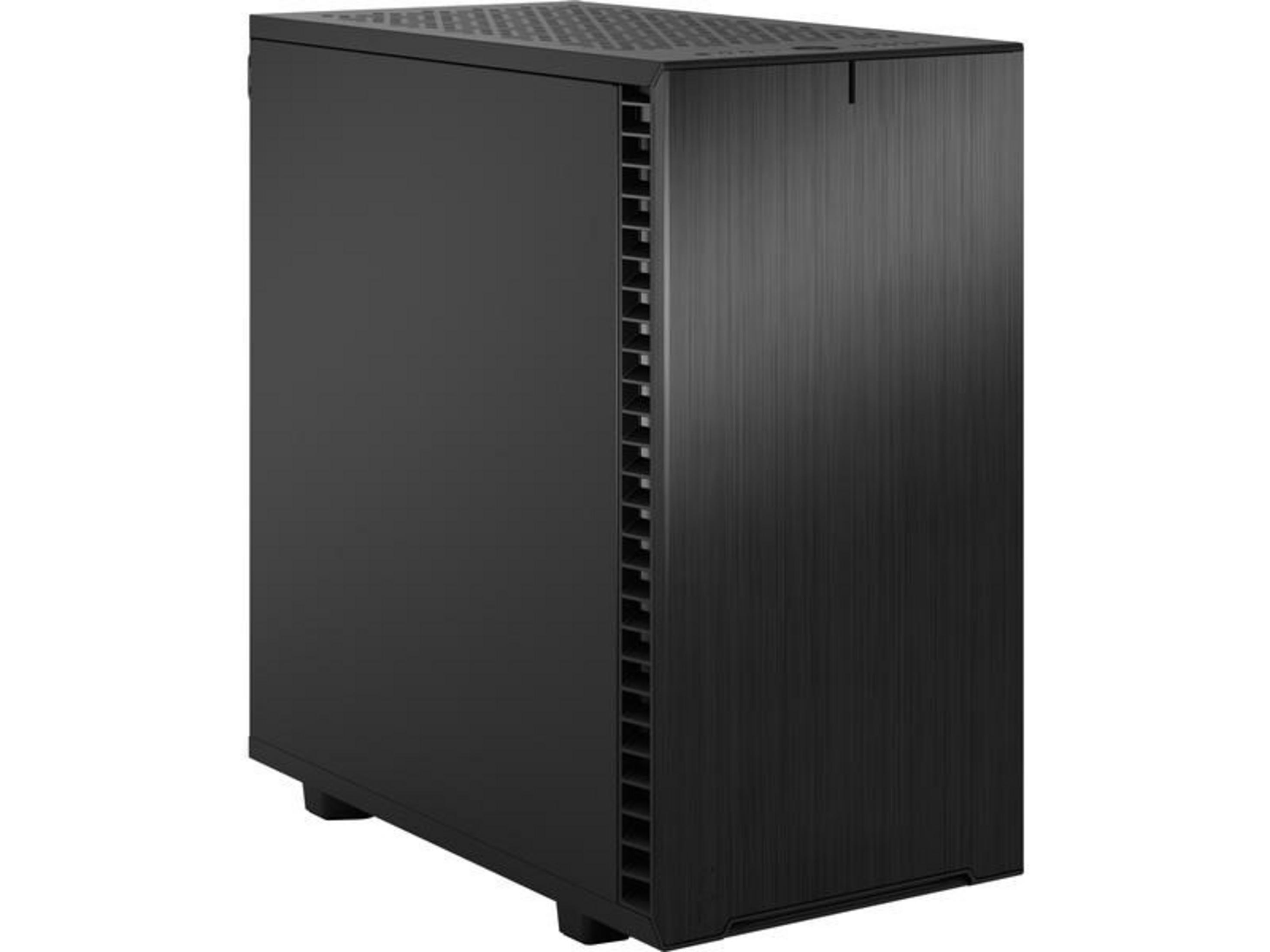 Een zwarte computertoren met geventileerde zijkant en geborsteld voorpaneel.