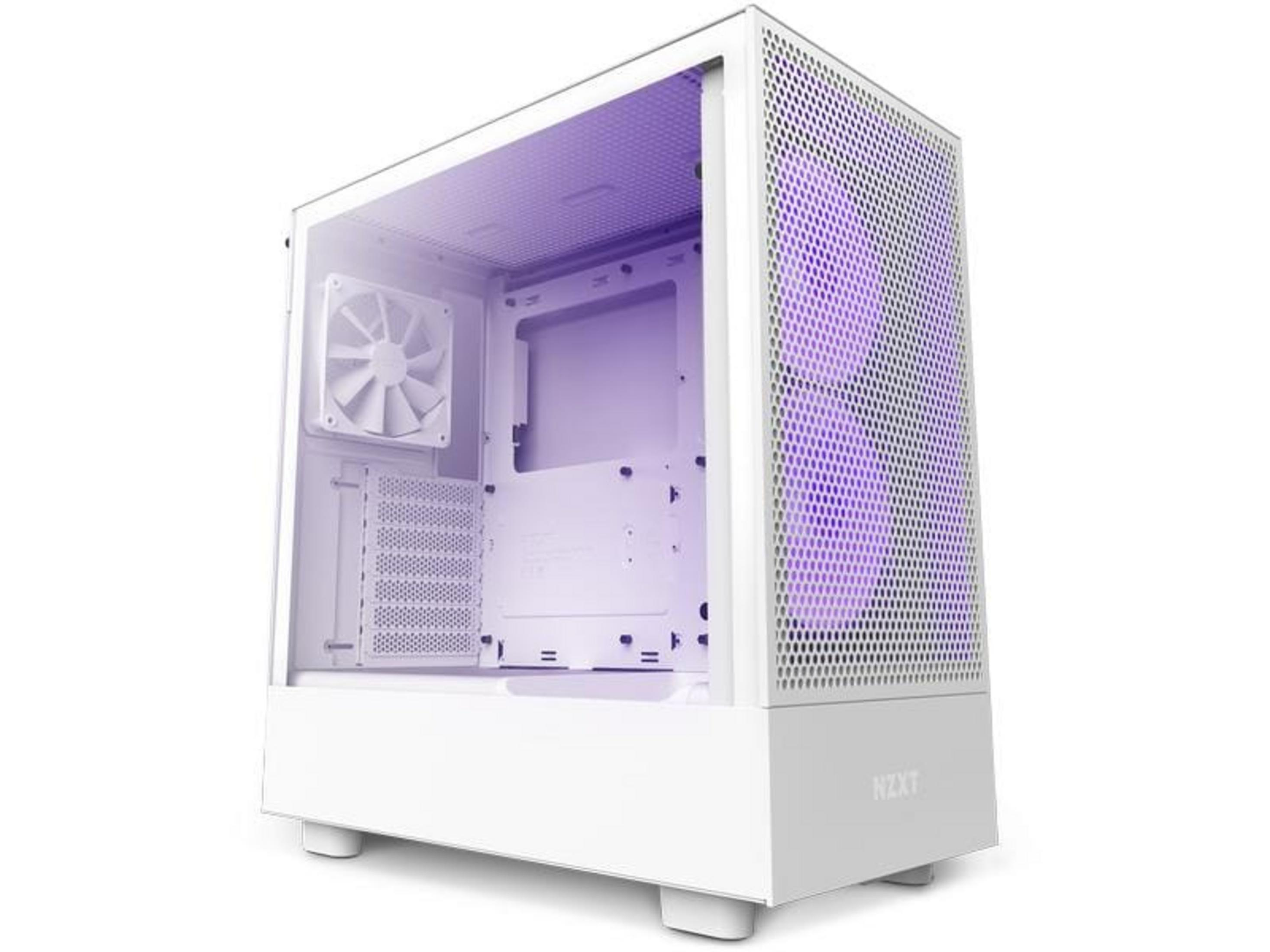 Ein weißes Computergehäuse mit violettem Licht innen und Lüftern.