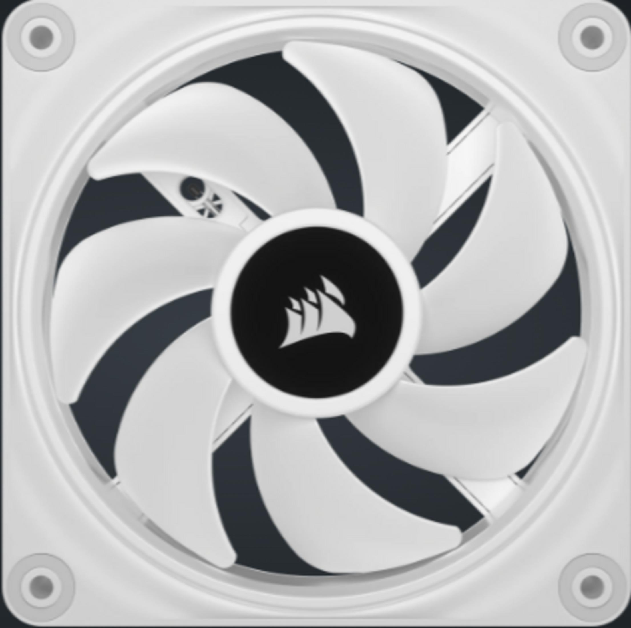 Ein weißer Computerlüfter mit acht geschwungenen Rotorblättern und einem schwarzen Logo in der Mitte.