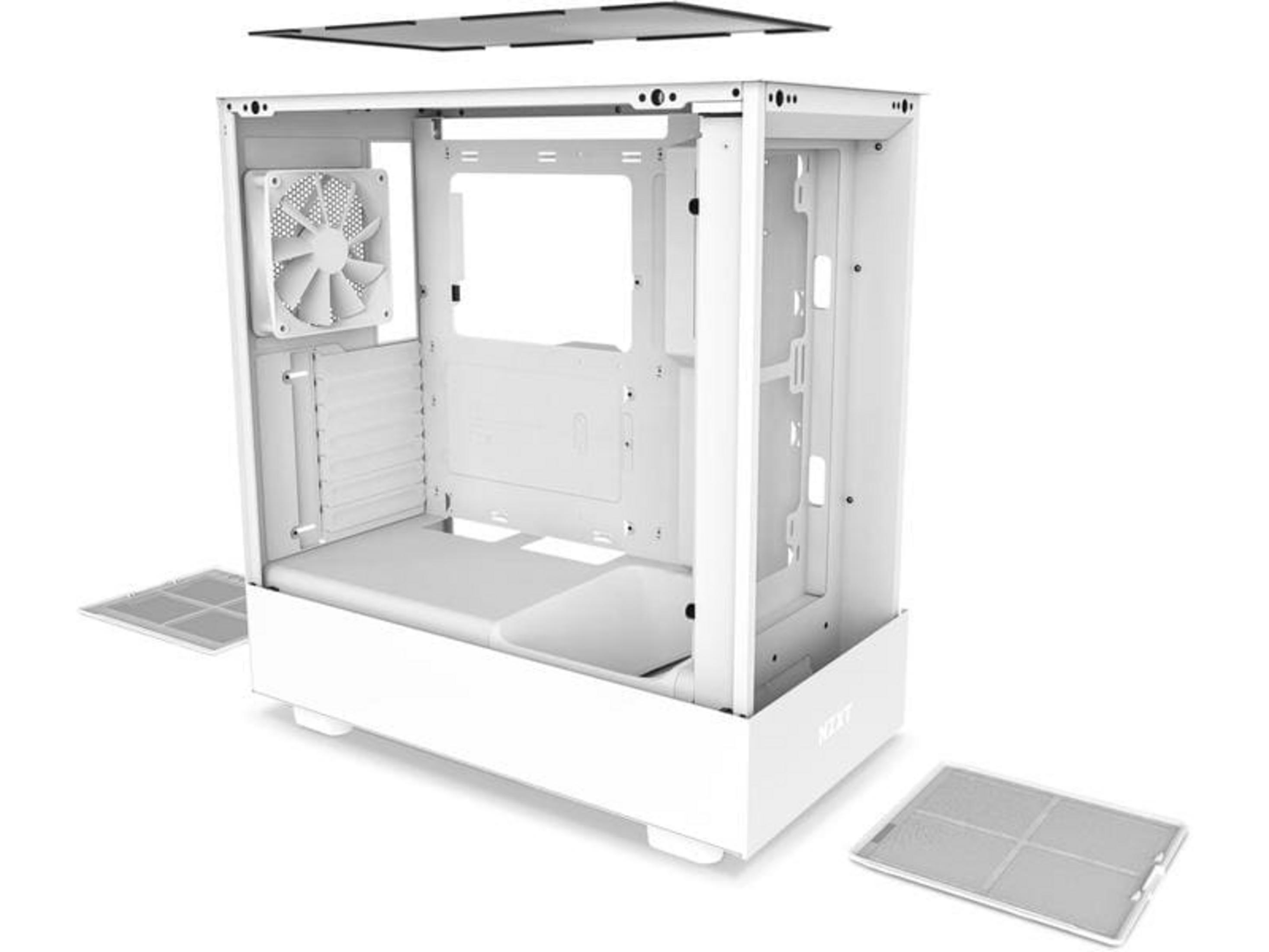 Ein weißes Computergehäuse mit Lüfter und Staubfiltern, von vorne.