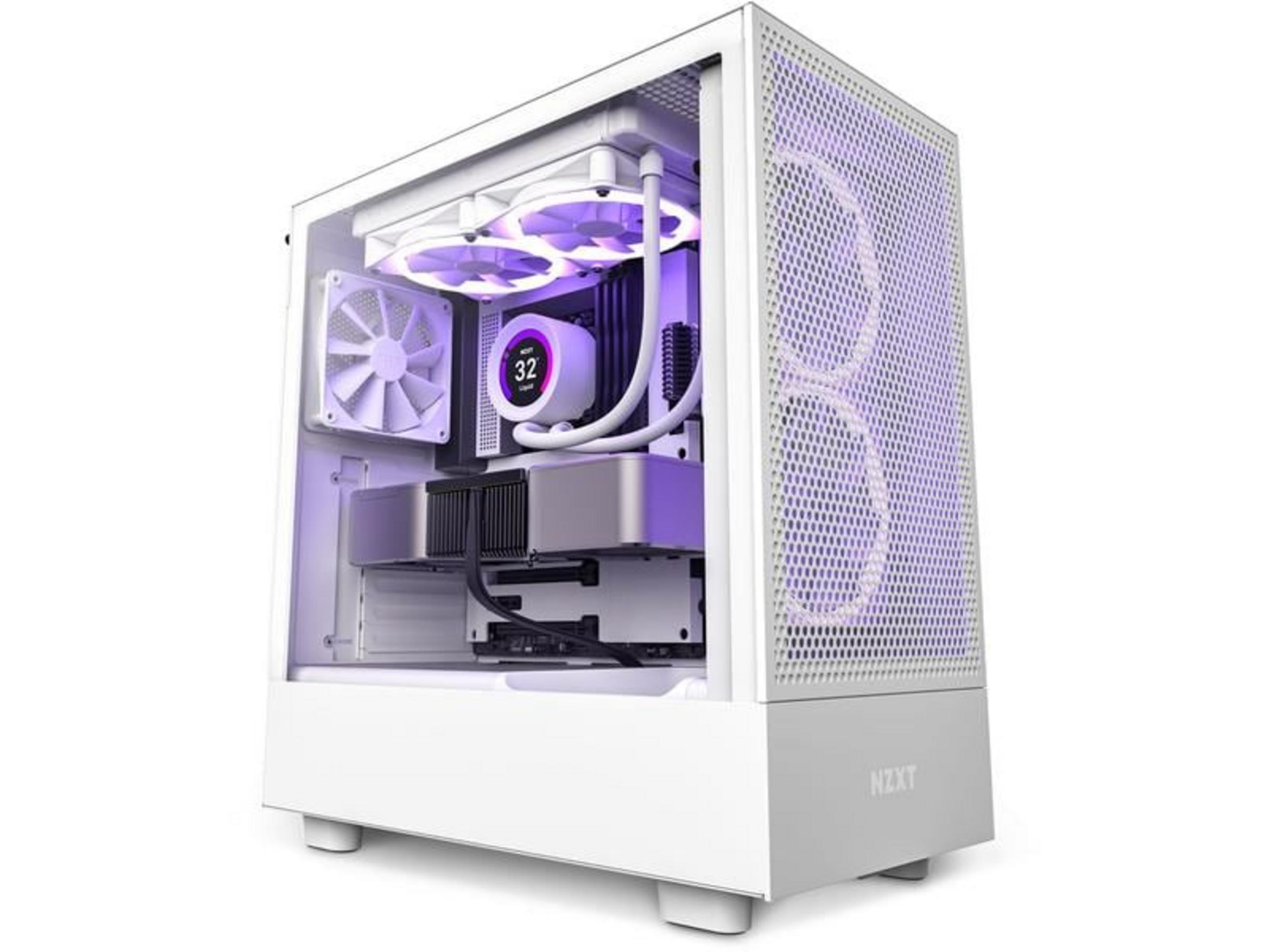 Ein weißes PC-Gehäuse mit lila Lüftern und Wasserkühlung.