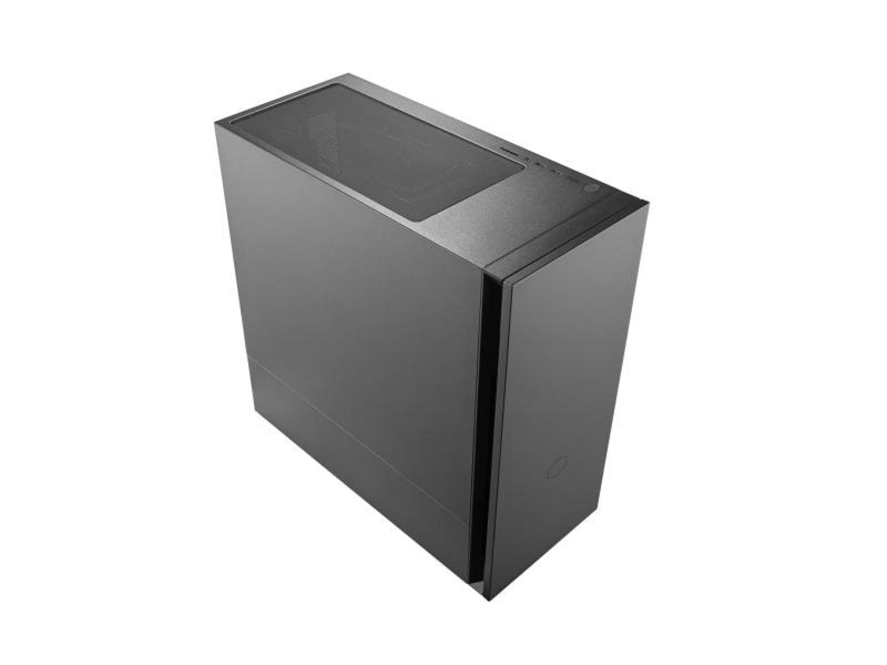 Black computer case with glass top panel and ventilation slits.