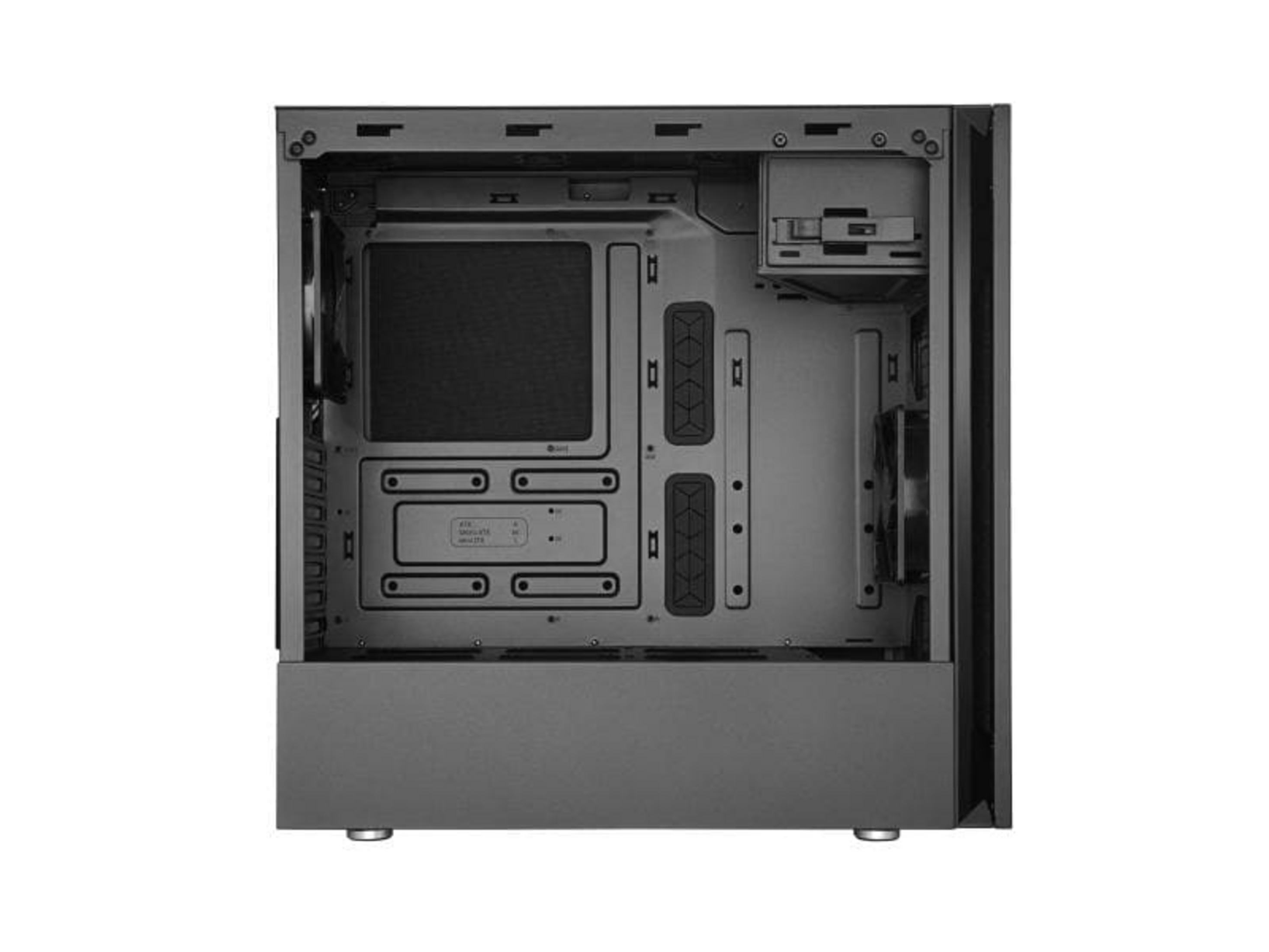 Interior view of a black computer case with fans and connectors.