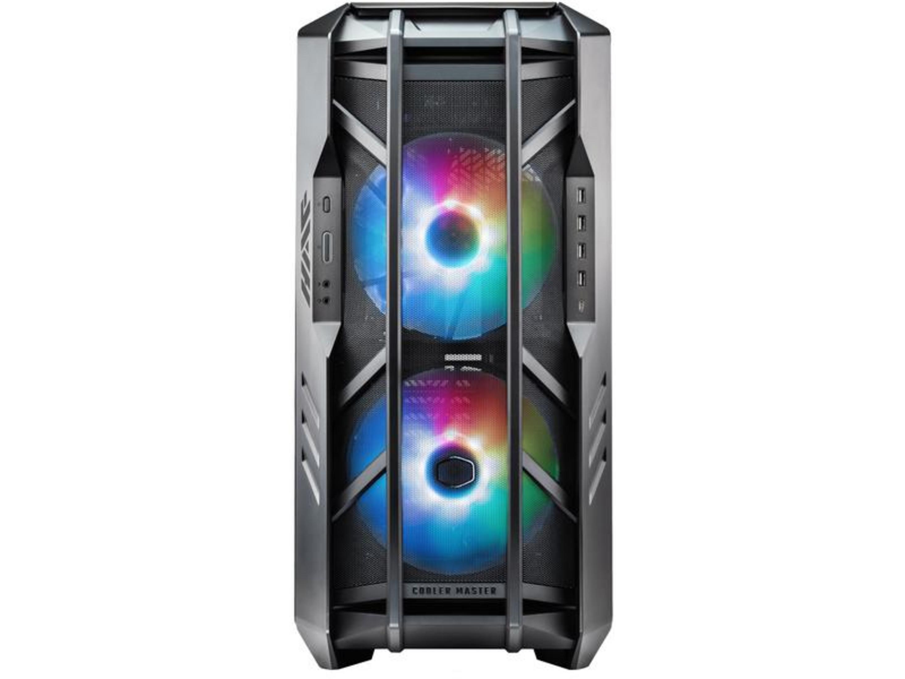 Grauer PC-Turm mit zwei RGB-Lüftern vorn.