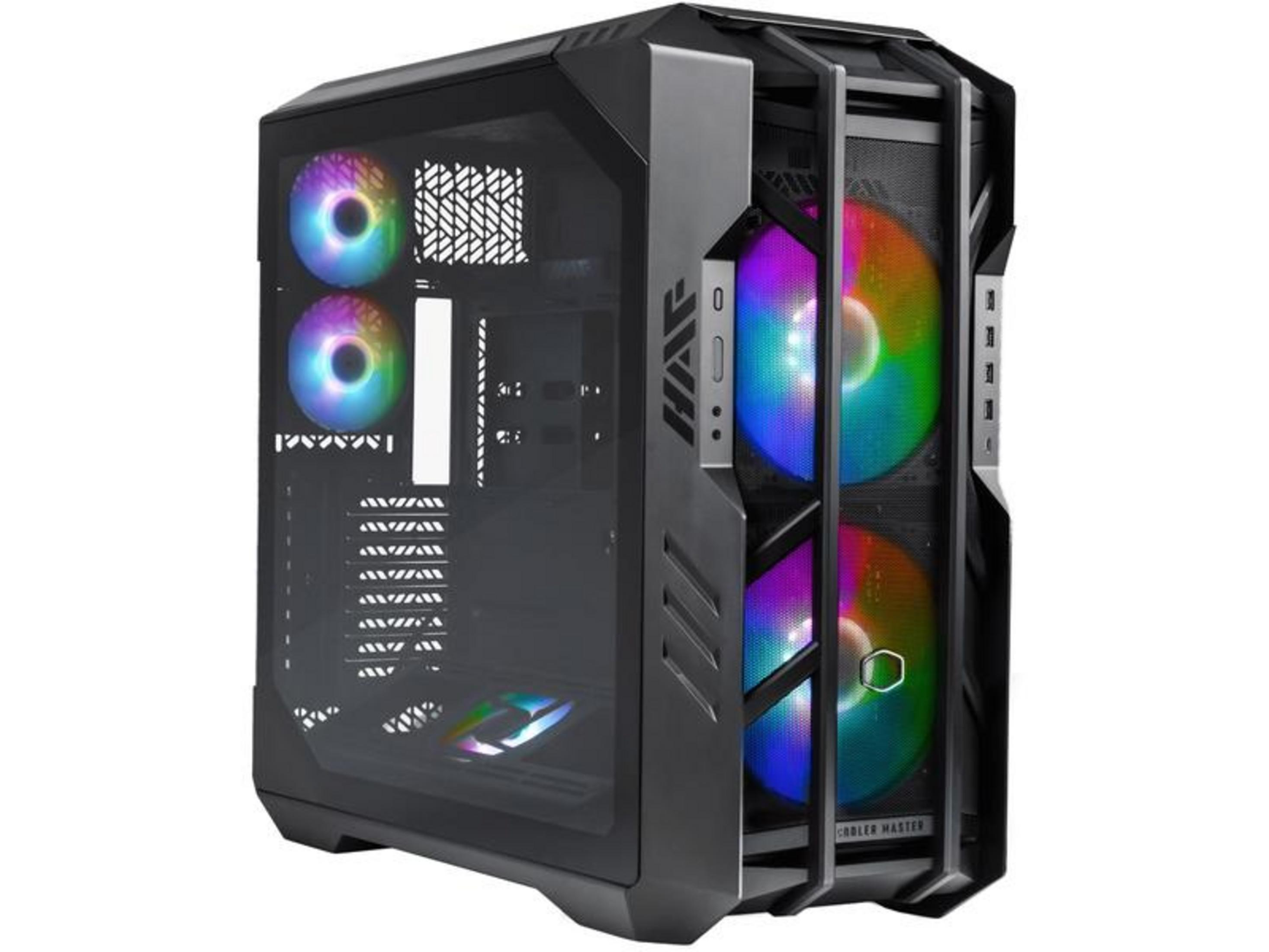 Schwarzes PC-Gehäuse mit RGB-Lüftern, Glasfenster und Belüftungsgittern.
