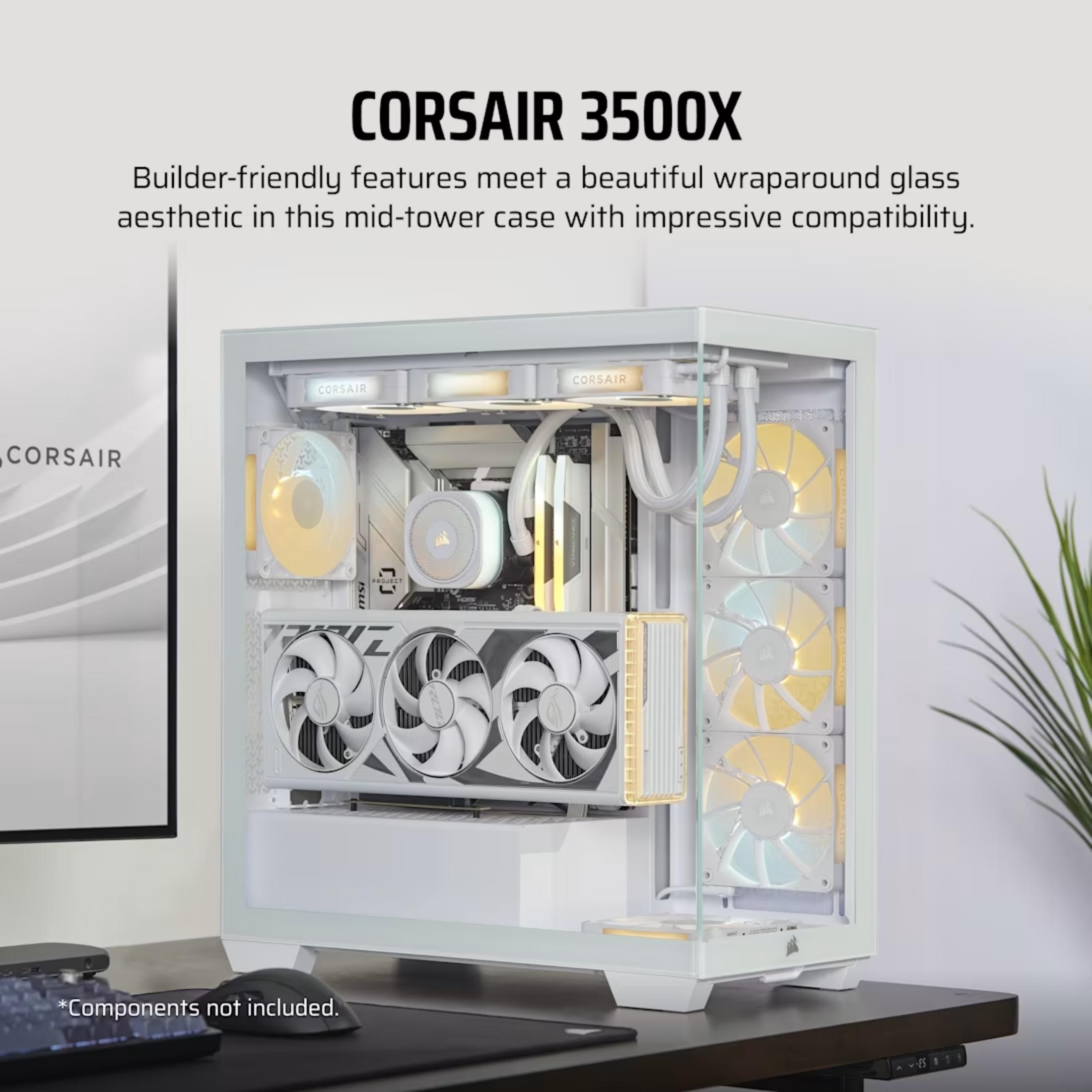 Ein weißes Corsair 3500X PC-Gehäuse mit Glasfront und RGB-Lüftern.