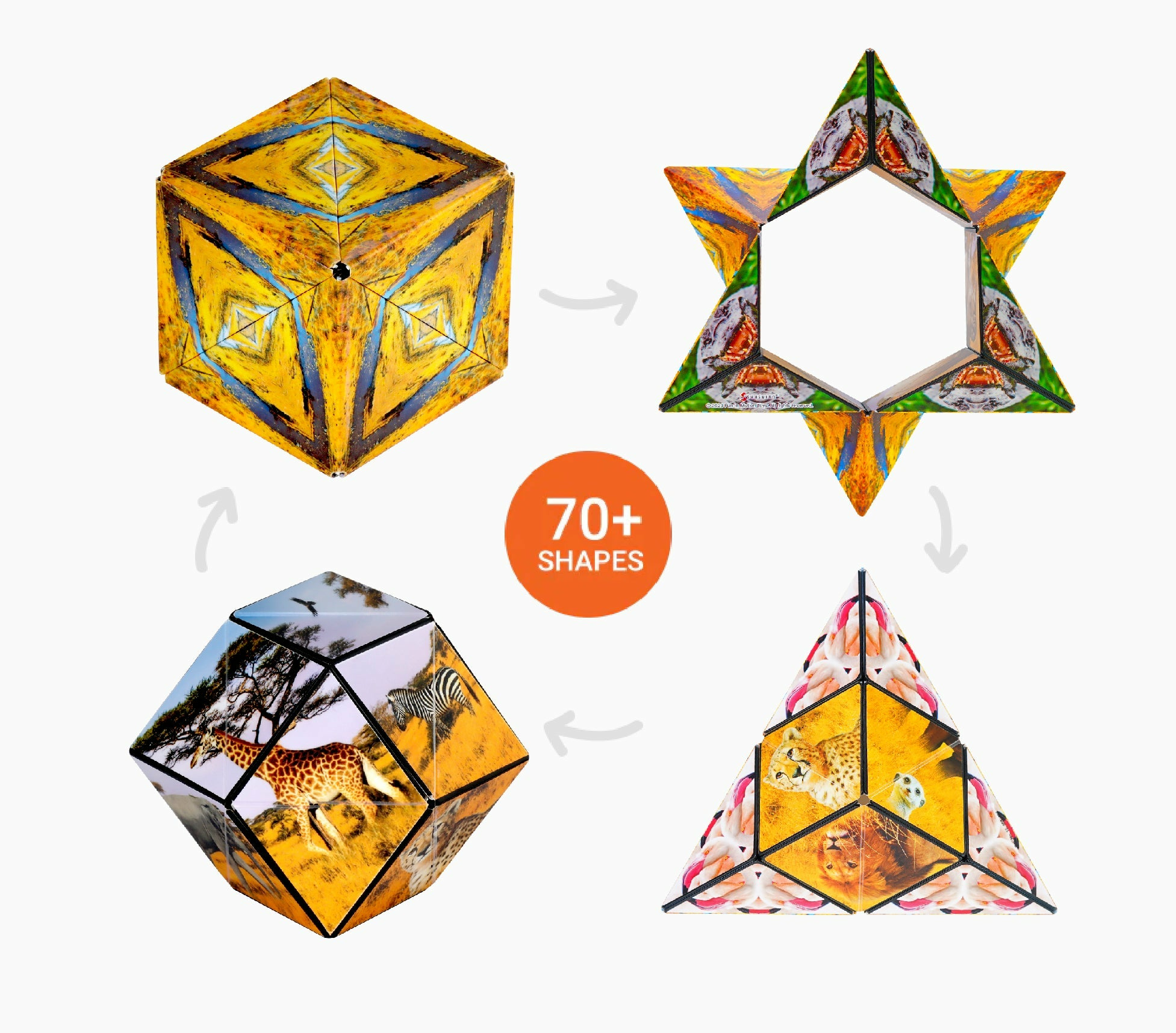Cubi magnetici trasformabili con disegni di animali, che mostrano varie forme.