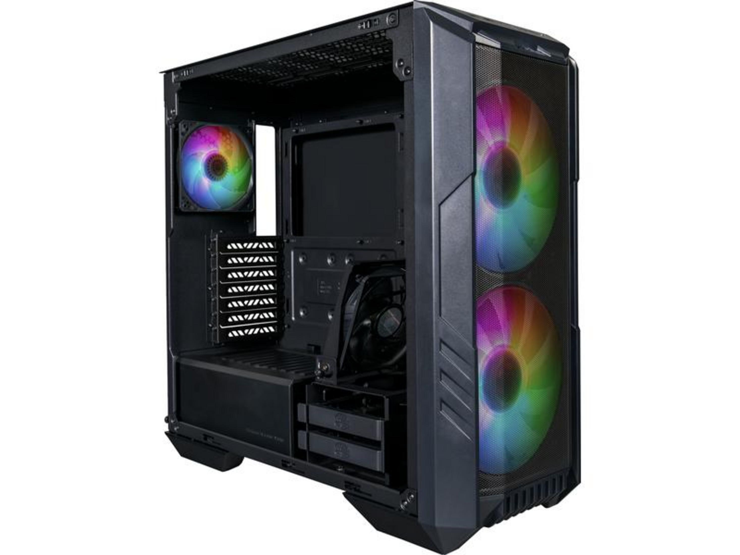 Case PC nero con ventole RGB sul lato anteriore e sinistro.
