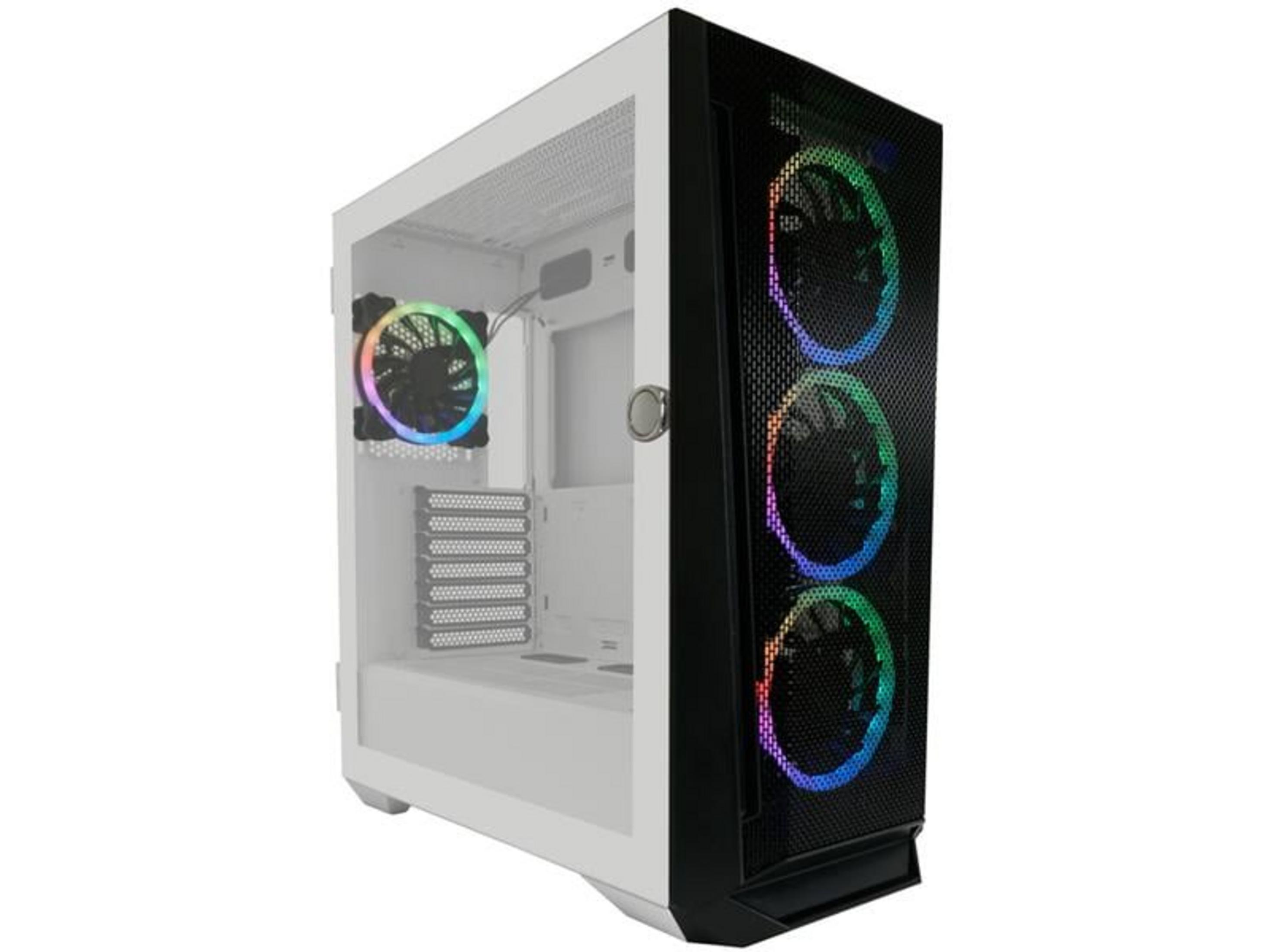 A white PC case with a black front and RGB fans.
