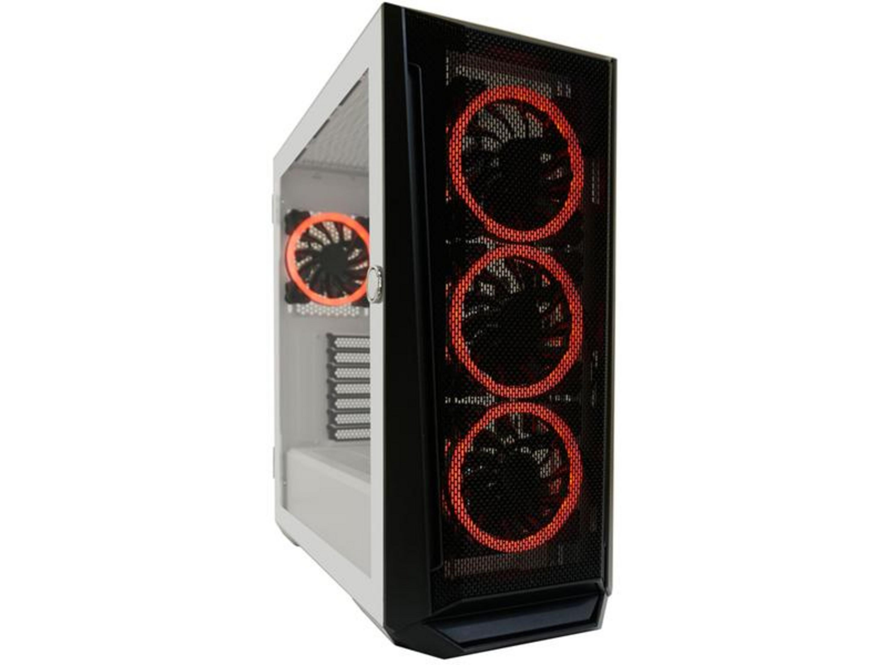 A black PC tower with three illuminated red fans.