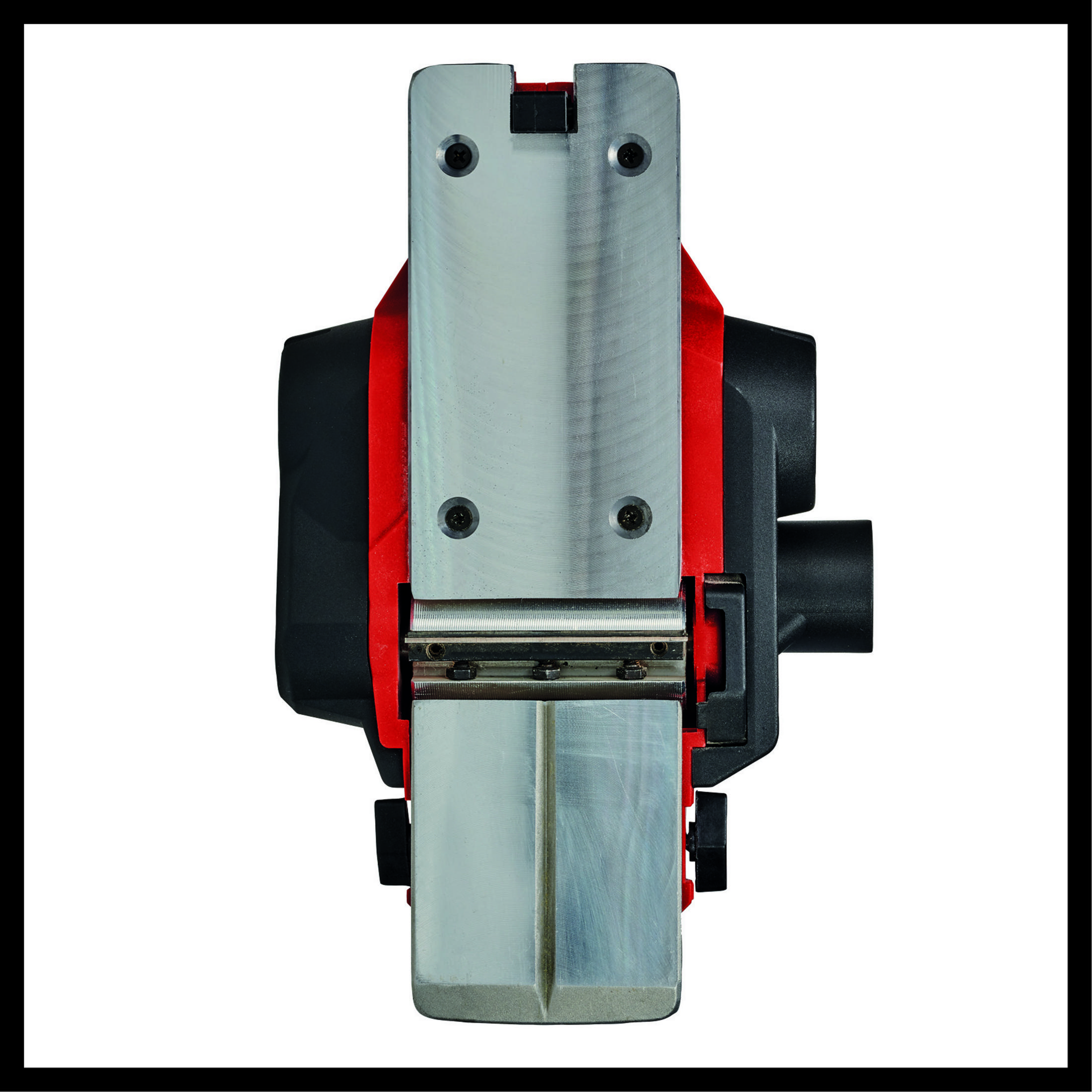 Widok z góry czerwonej i srebrnej strugarki z czarnymi uchwytami.