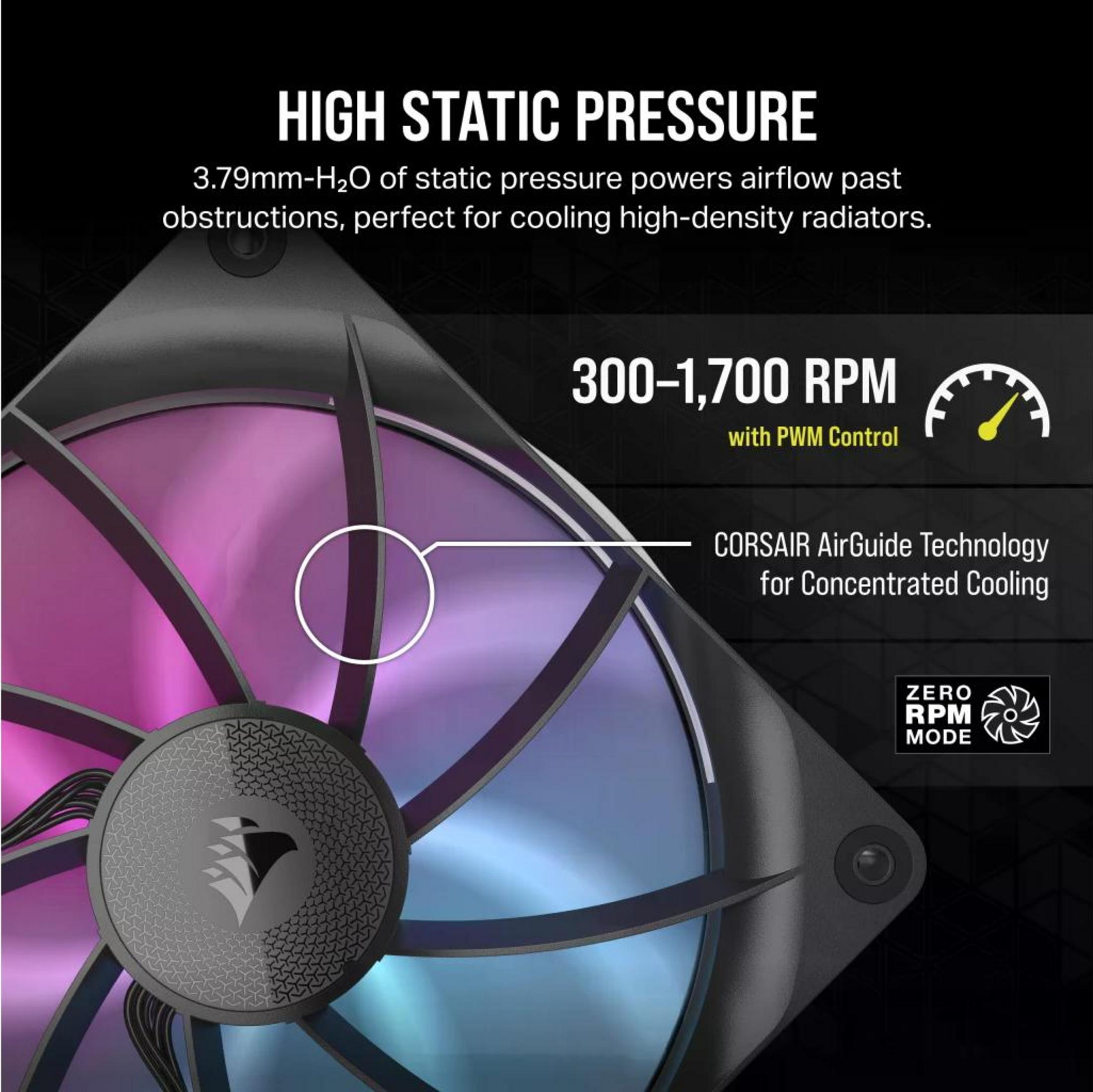 Un ventilador de PC con iluminación RGB, 300-1700 RPM, control PWM y tecnología AirGuide.