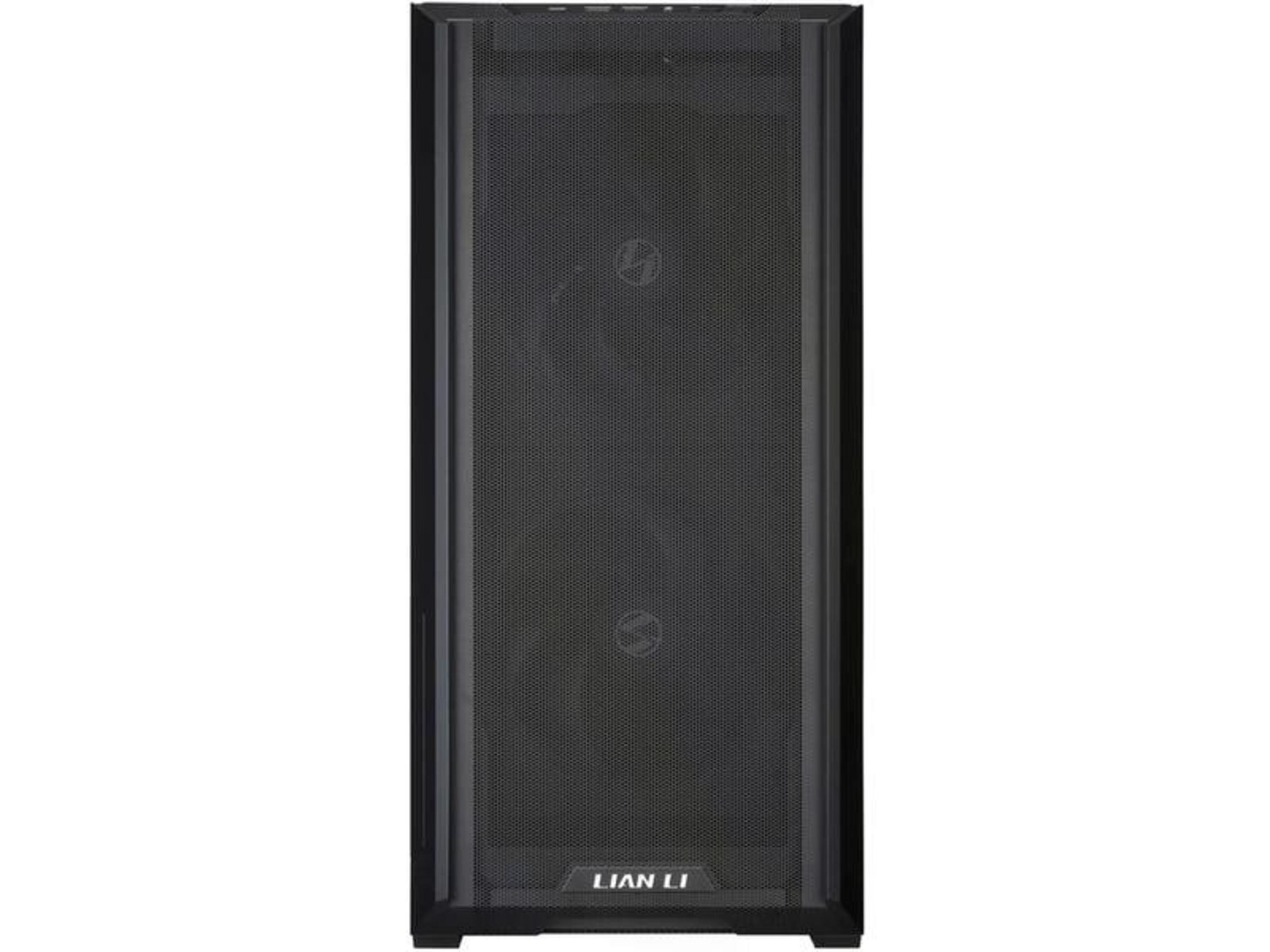 Czarna obudowa PC Lian Li z siatkowym frontem i logo.