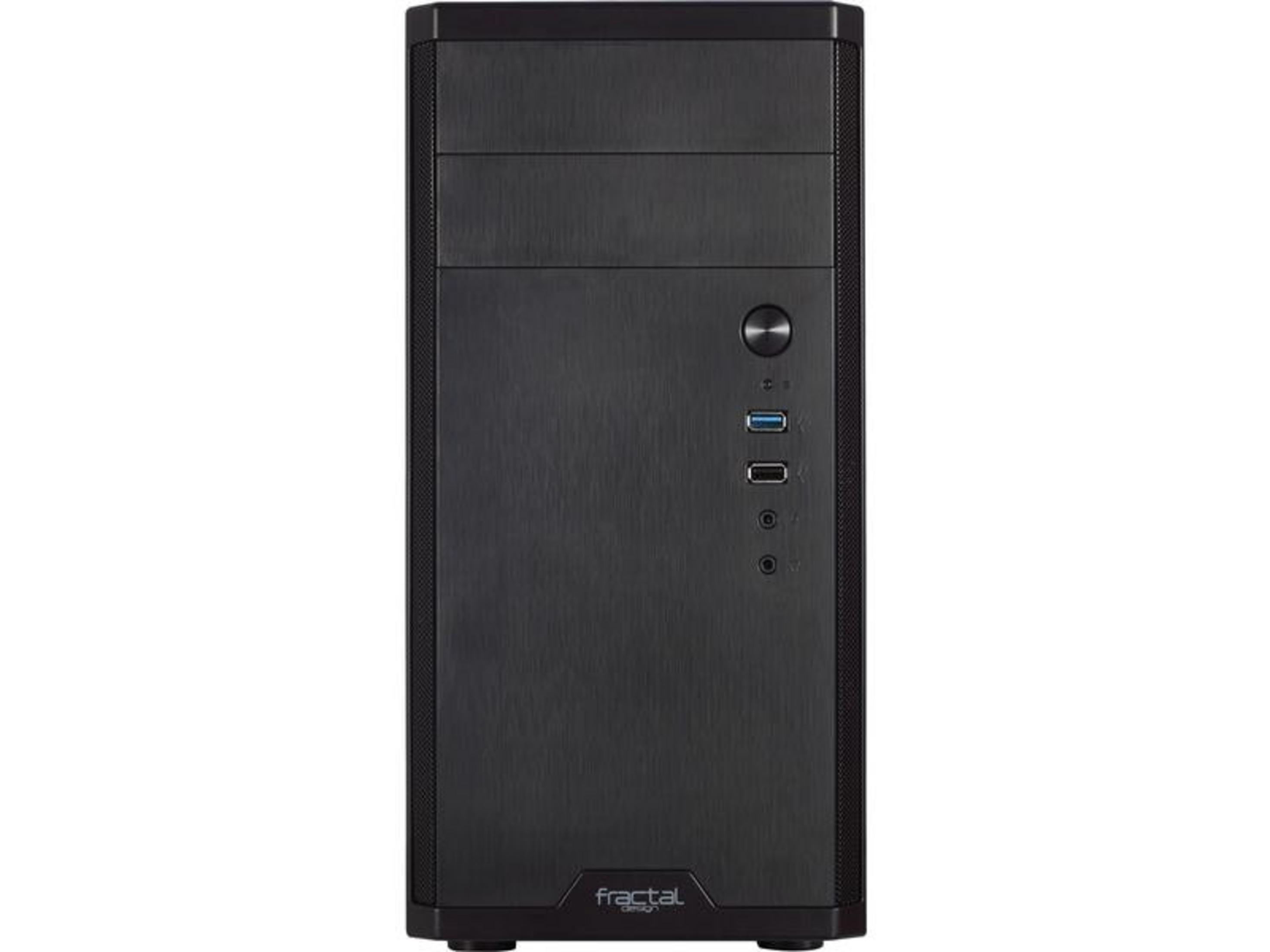 Tower del computer nero con pannello frontale spazzolato e porte.