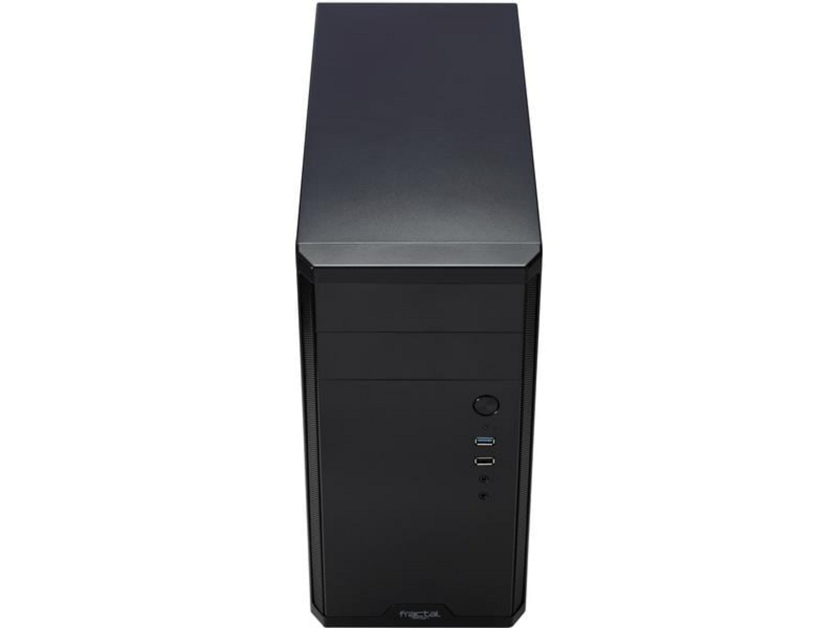 Case per computer Fractal Design nero con porte USB e pulsante di accensione.