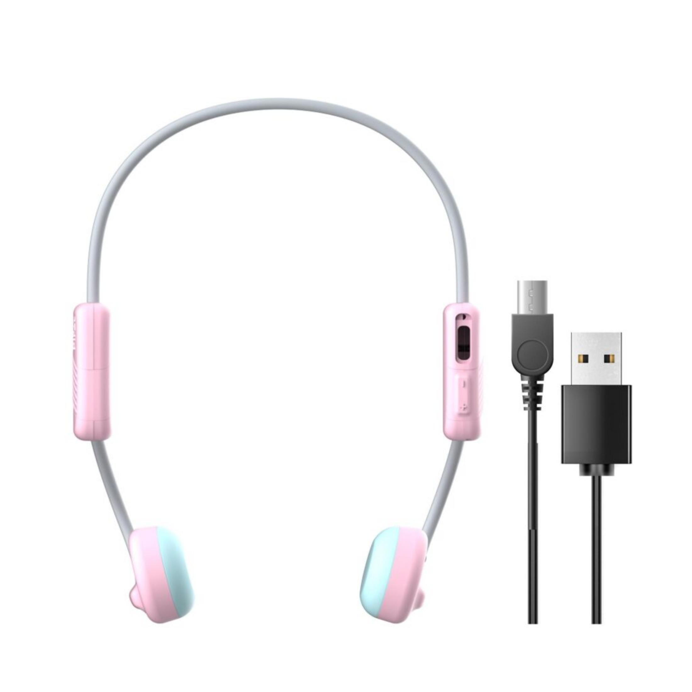 Ein pink-hellblauer Kopfhörer und zwei schwarze Ladekabel auf weißem Grund.