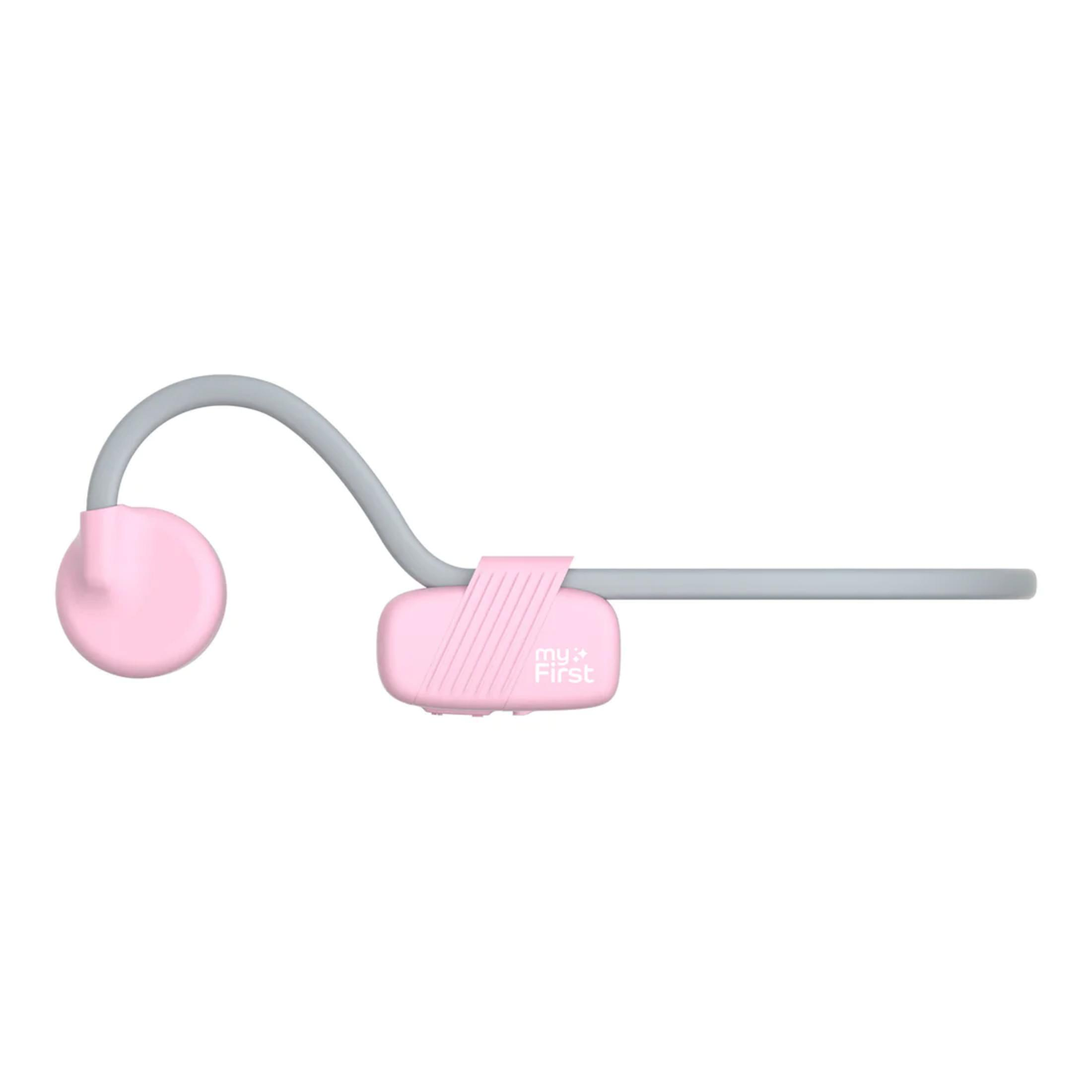 Ein rosa Kopfhörer mit grauem Bügel und dem Aufdruck 'my First'.