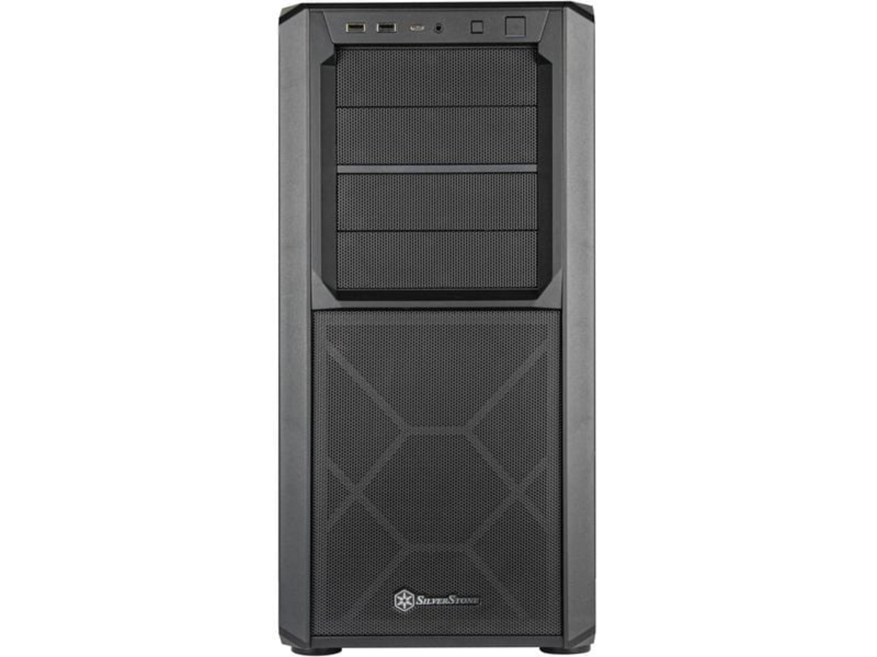 Czarna obudowa komputera z srebrnym logo i siatkowym panelem przednim.