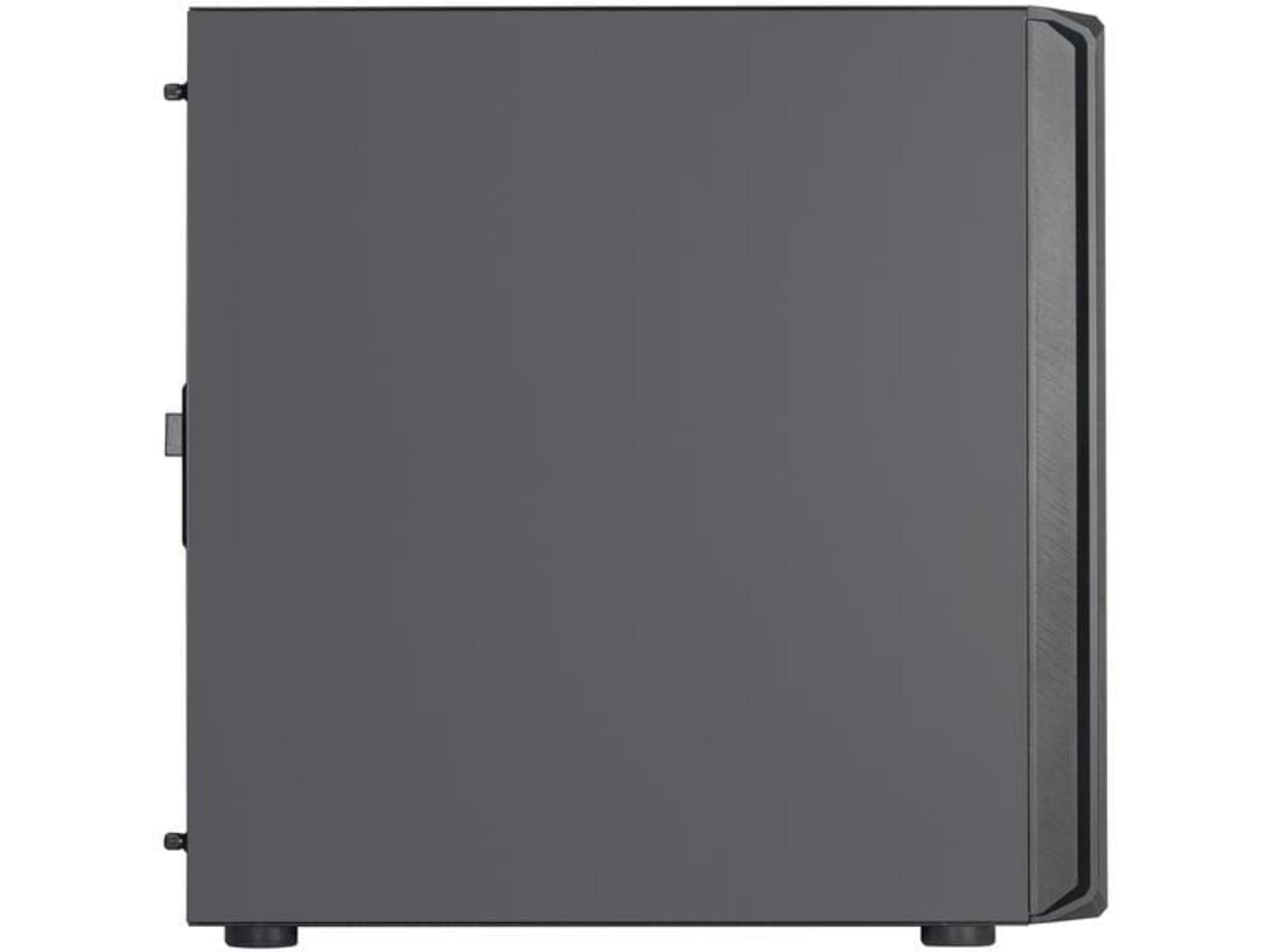 Szara obudowa komputera widziana z boku, z czarnym uchwytem i czterema stopkami.