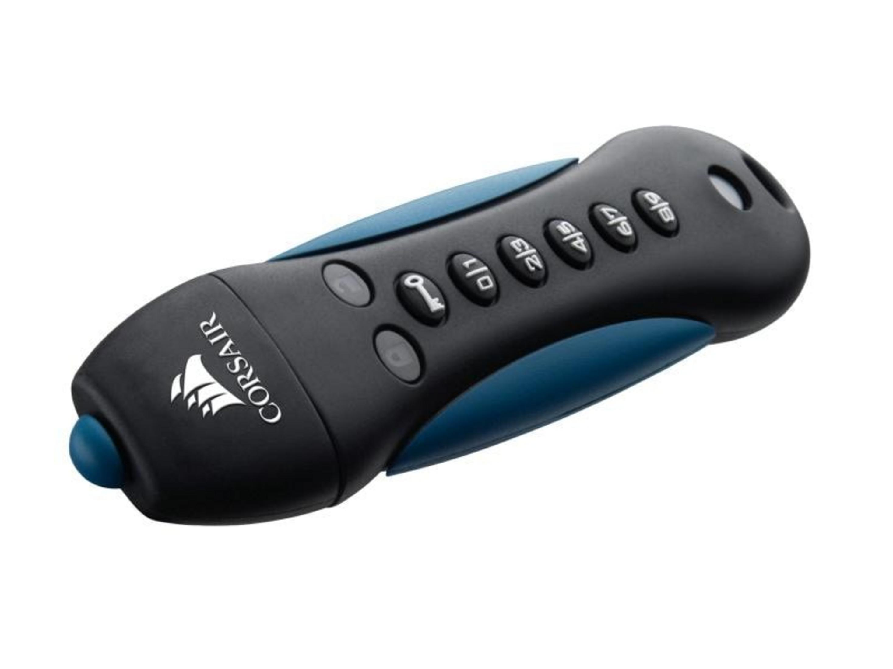 Czarny pendrive Corsair z niebieskimi akcentami i numerowanymi przyciskami.