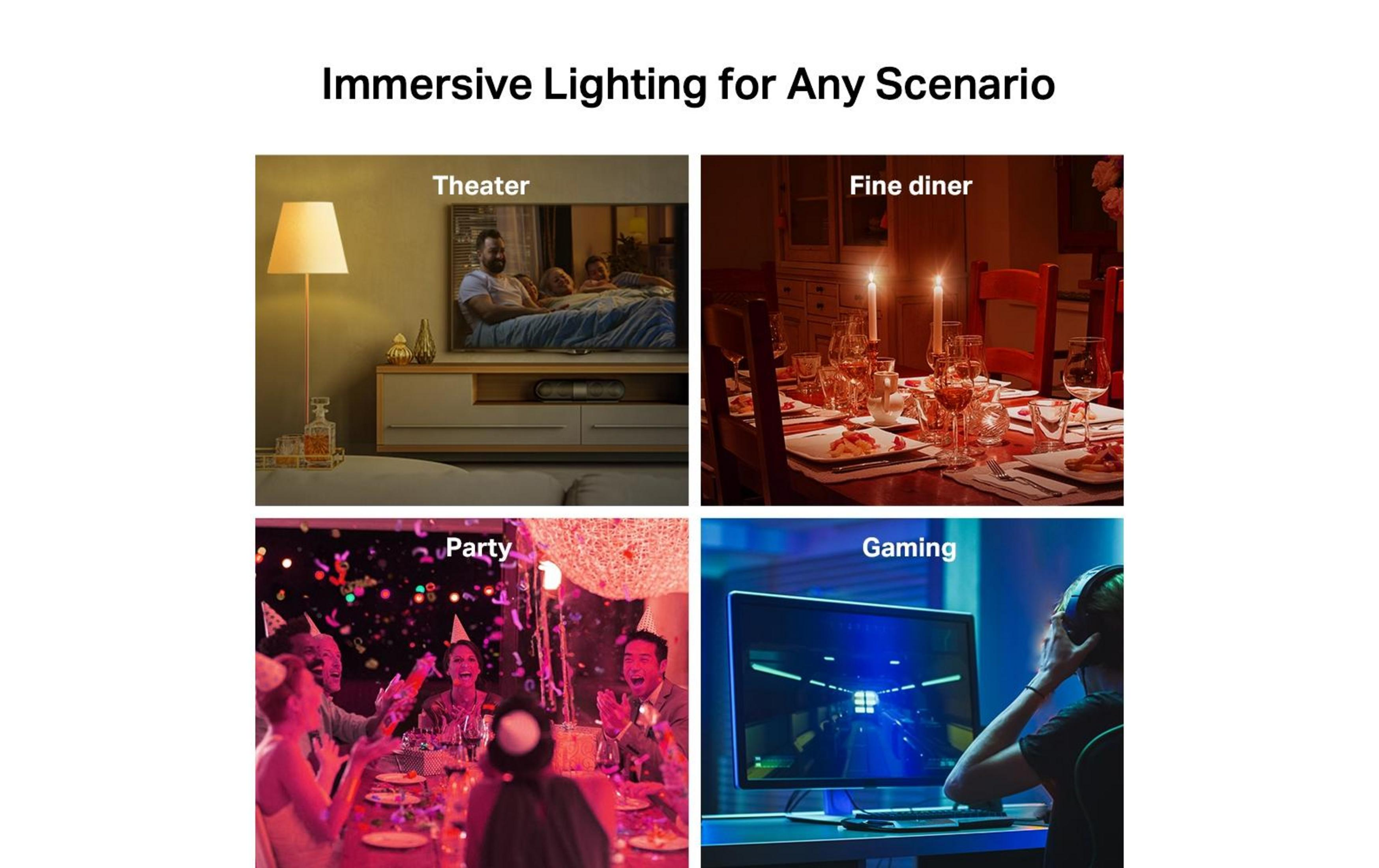 Cuatro escenas: Teatro, cena elegante, fiesta, juegos. Iluminación para cualquier escenario.