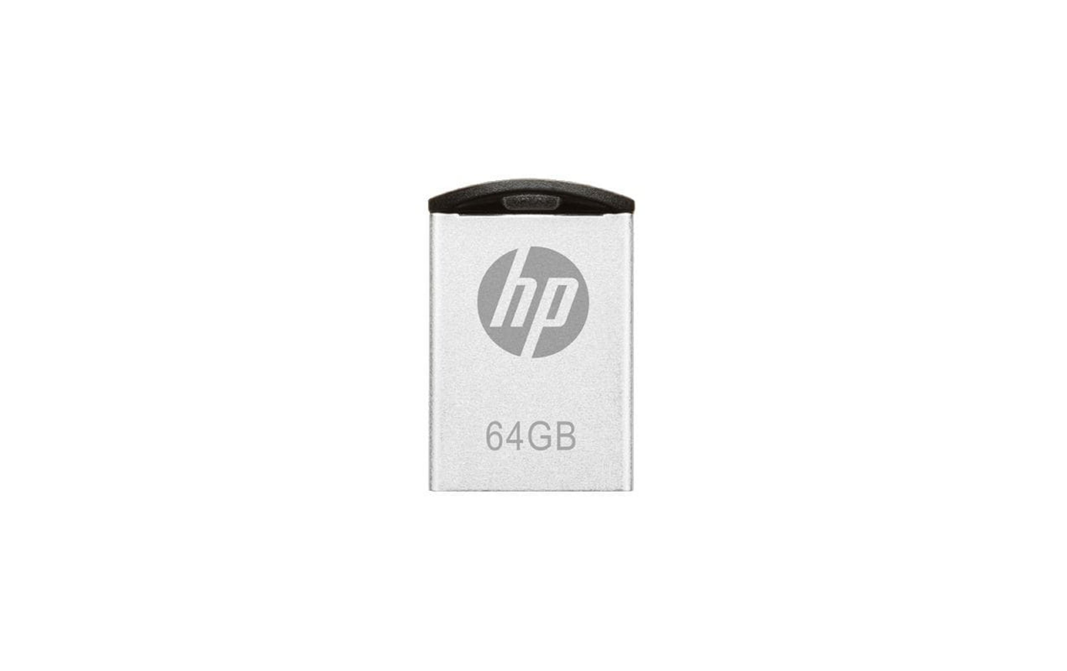 Srebrny pendrive HP 64 GB z czarną nakładką.