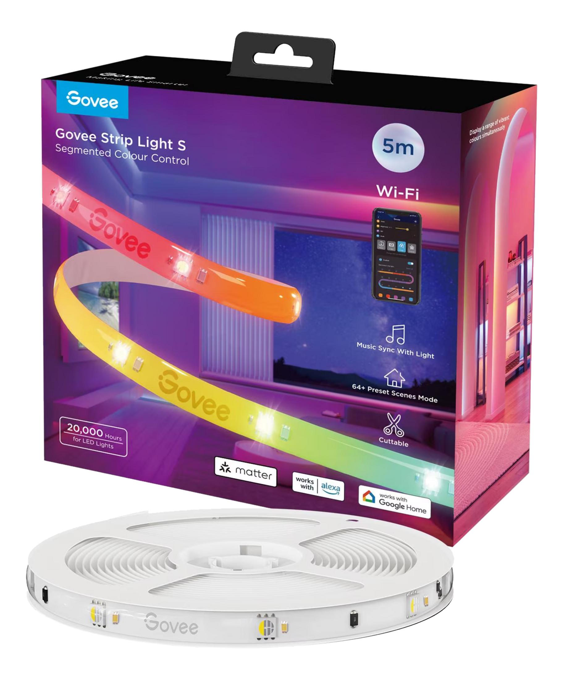 Ruban LED Govee S, 5m, Wi-Fi, Sync Musique, 64+ Scènes. Sur bobine.