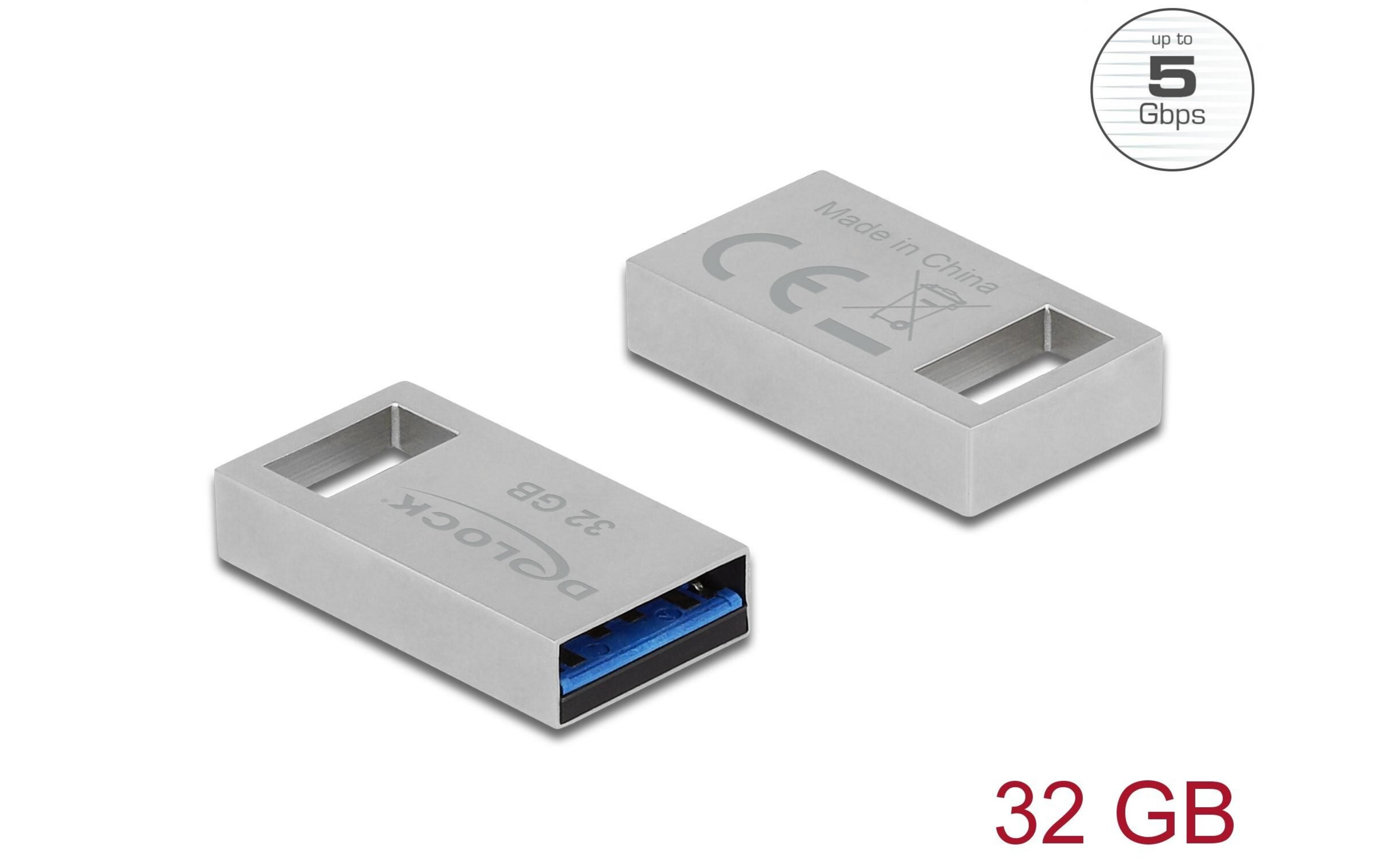 Dwa srebrne pendrive'y 32 GB, jeden z przodu, jeden z tyłu, z niebieskimi złączami.