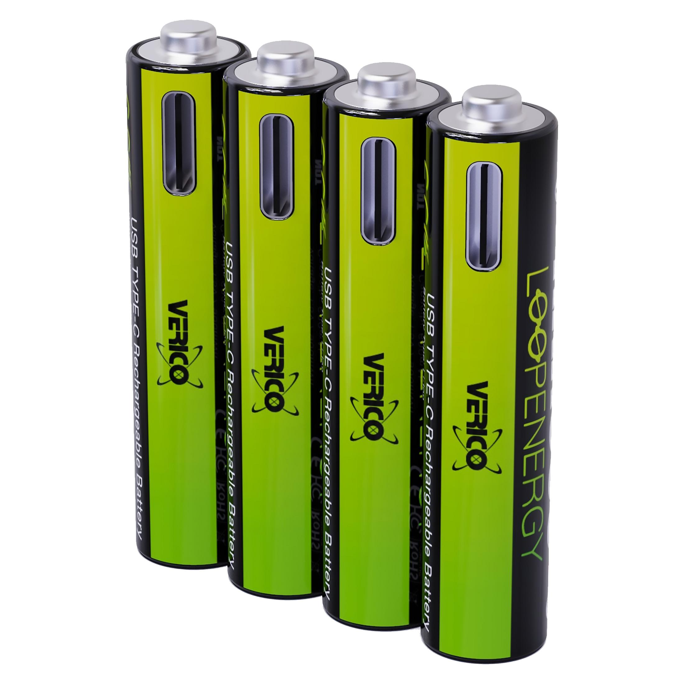 Vier wiederaufladbare Batterien mit grünem und schwarzem Gehäuse.