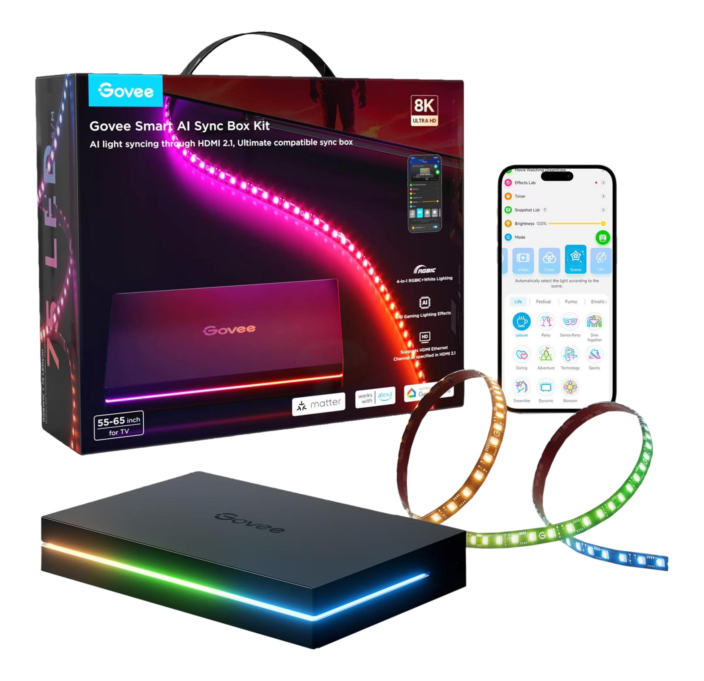 Kit Govee Smart AI Sync Box con strisce LED e display app per smartphone.