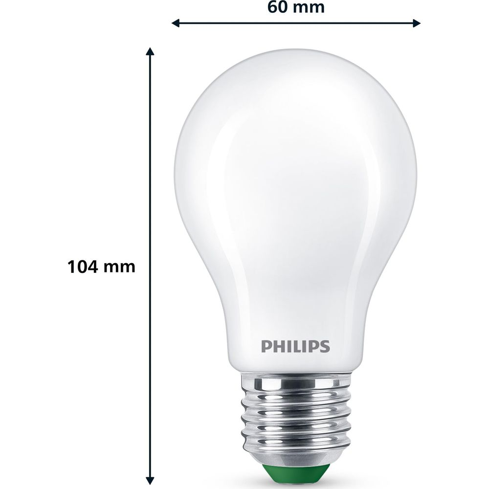 Ampoule Philips blanche, 104 mm de haut, 60 mm de large, avec culot vert.