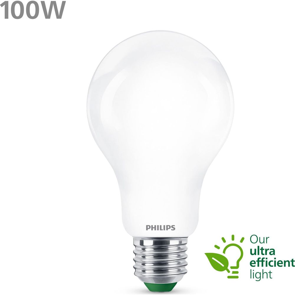 Une ampoule Philips blanche 100W avec une icône économe.