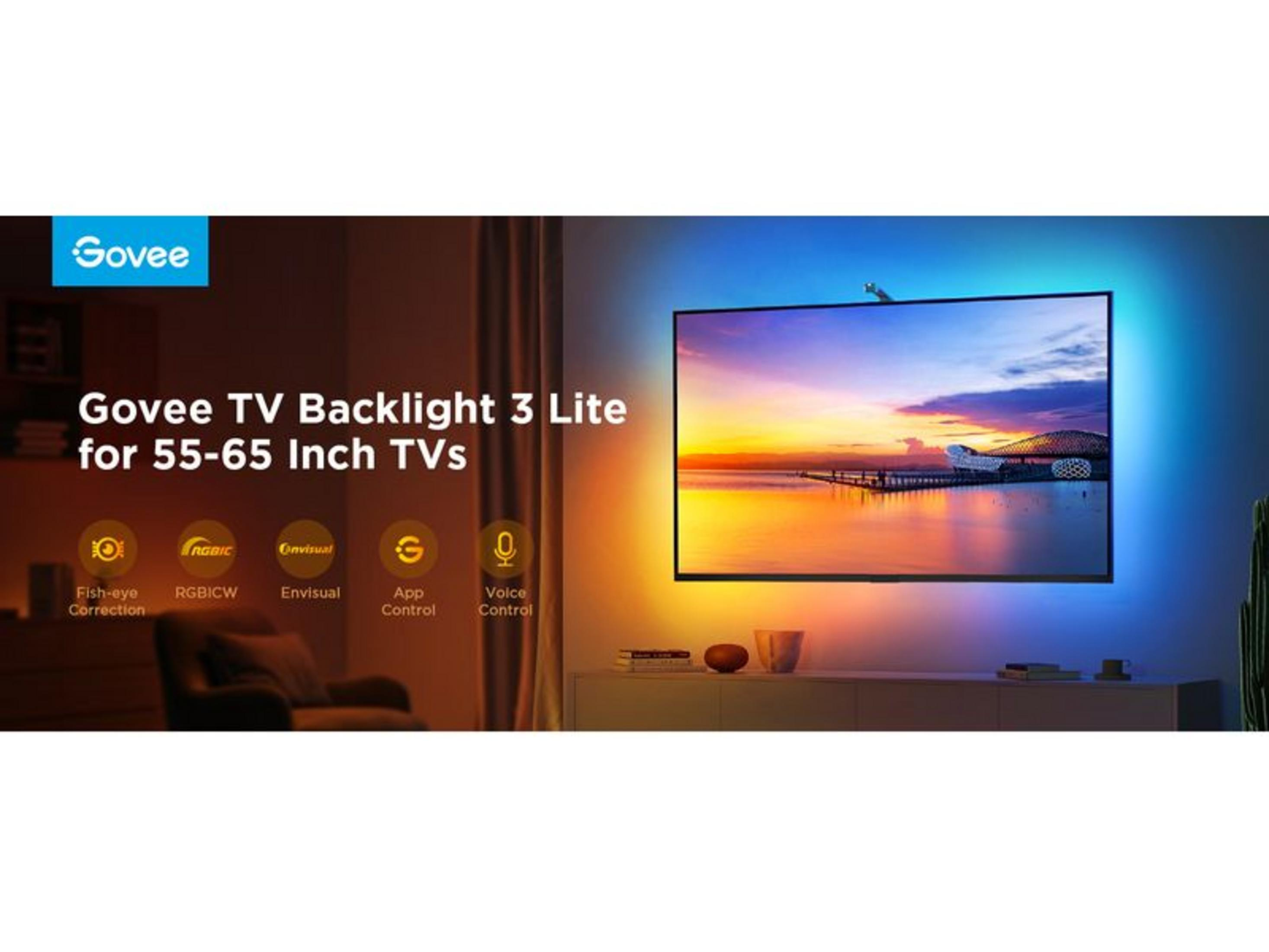 Ein Fernseher mit Govee-Beleuchtung für 55-65 Zoll TVs, der einen Sonnenuntergang zeigt.