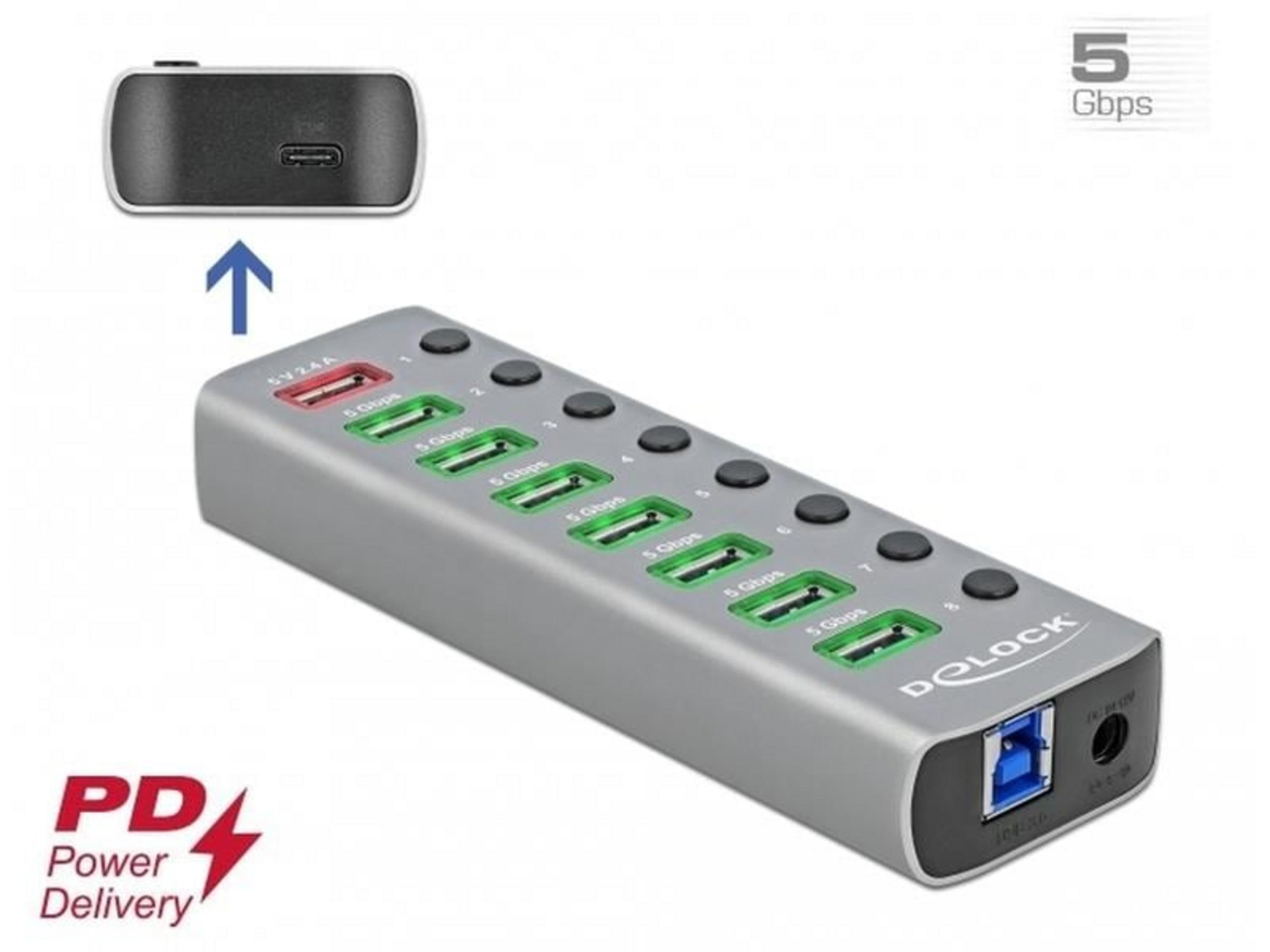 Grauer USB-Hub mit 8 Anschlüssen, 1x USB-A, 1x USB-C, 5 Gbps.